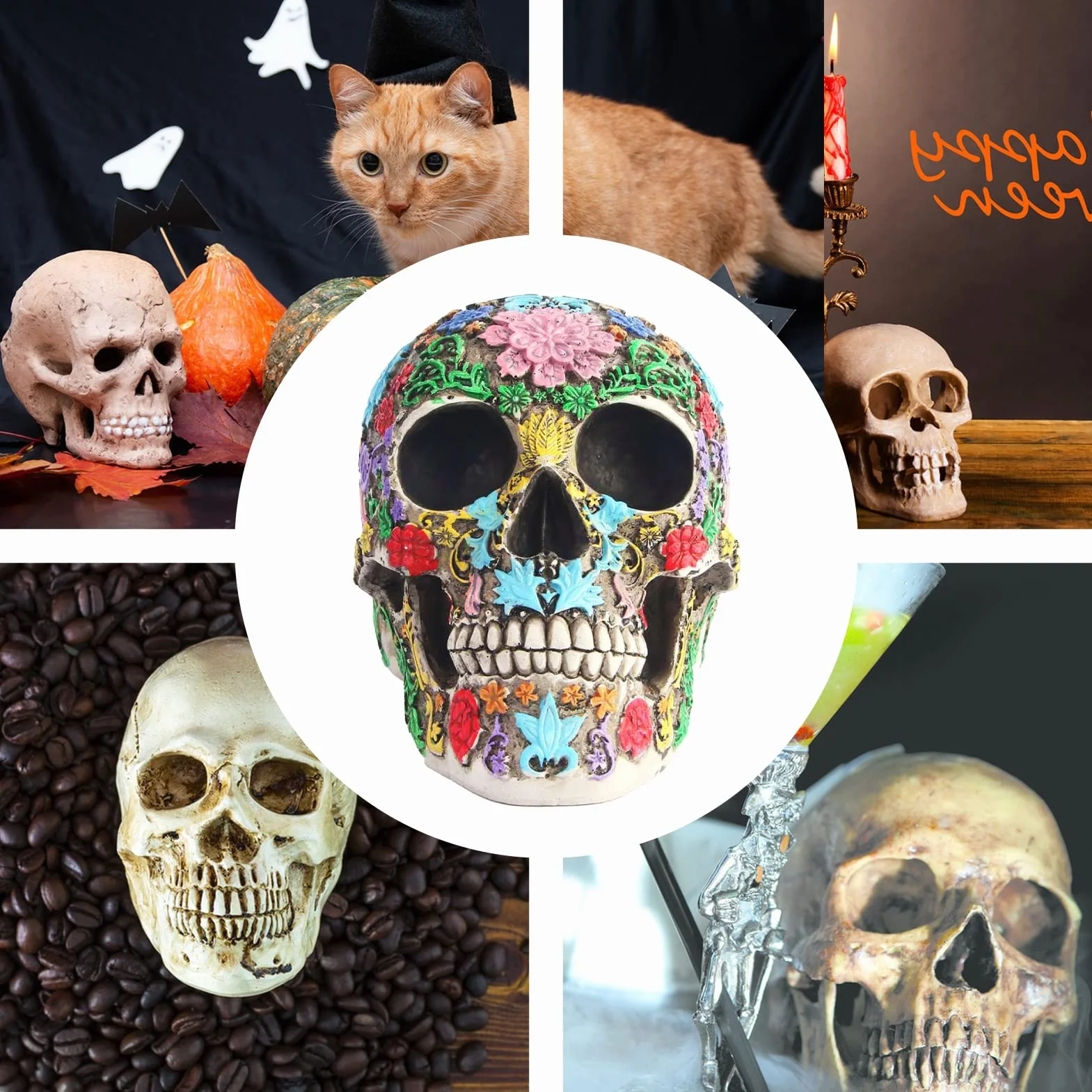 Tête de Mort Sculptée Design Jour des Morts, Statue Crâne avec Pétales, Sugar Skull Résine Ornement Halloween Maison