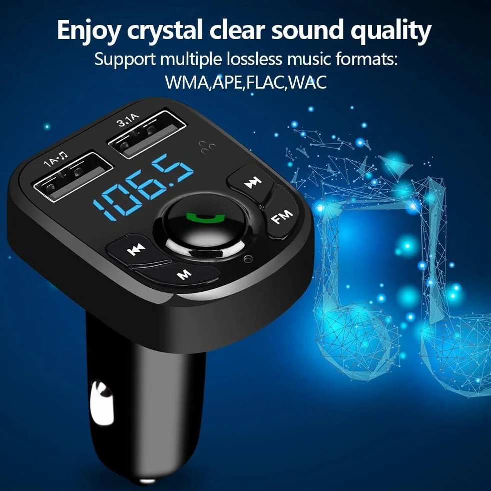 MKOIJN Samochodowy nadajnik FM Bluetooth Radio Adaptery Zestaw głośnomówiący Samochód MP3 Audio Odtwarzacz Ładowarka samochodowa z 2 portami USB (5V/2,4A i 1A)