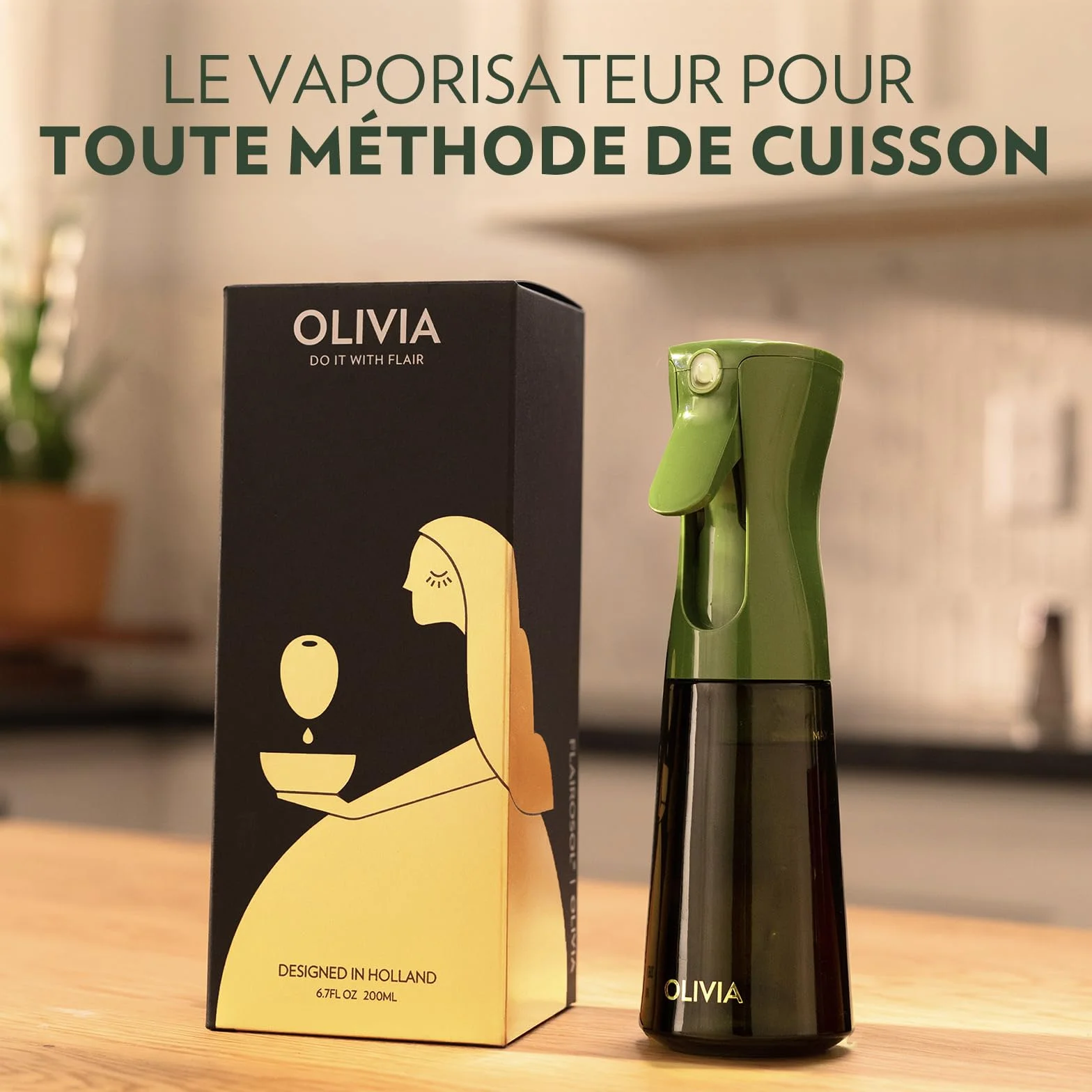 FLAIROSOL OLIVIA Vaporisateur d'Huile en Verre 200ml - Technologie de Pulvérisation Continue avec Contrôle des Portions (Vert)