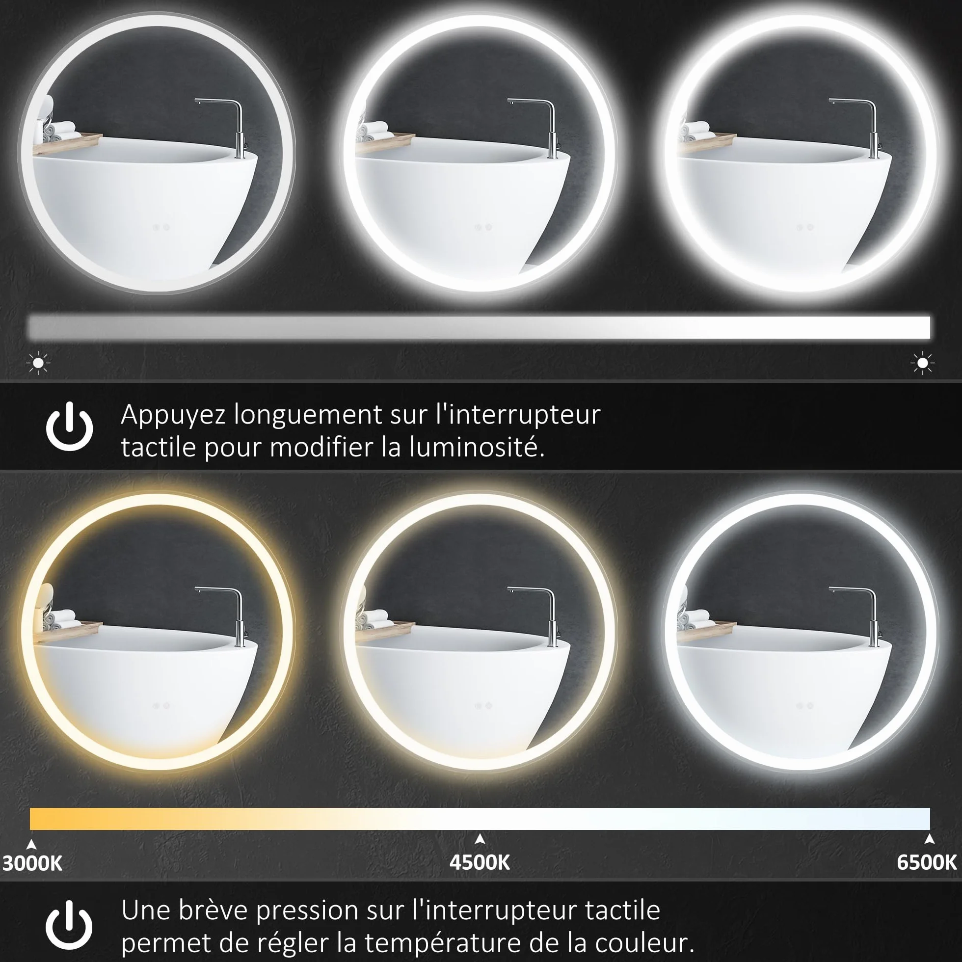 kleankin Miroir Salle de Bain avec éclairage Ø 70 cm Miroir Rond Lumineux 3 Couleurs Interrupteur Tactile système antibuée 23W Blanc Argent