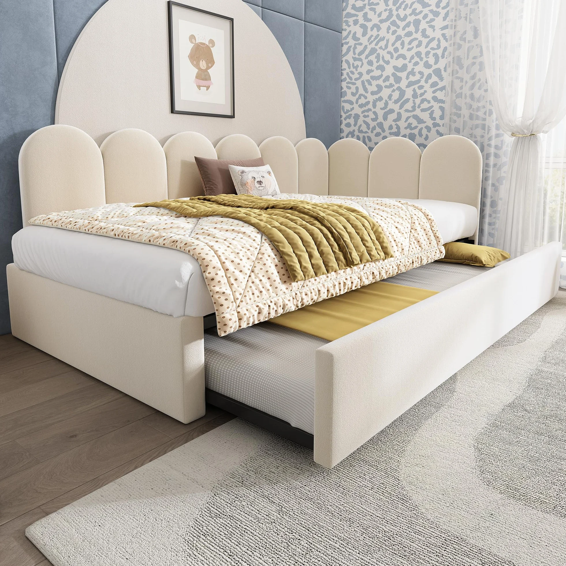 Zepneiy Lit 90x200 avec lit gigogne 90x190, Canapé lit avec parois latérales interchangeables, avec sommier à Lattes,Velours Beige (sans Matelas)