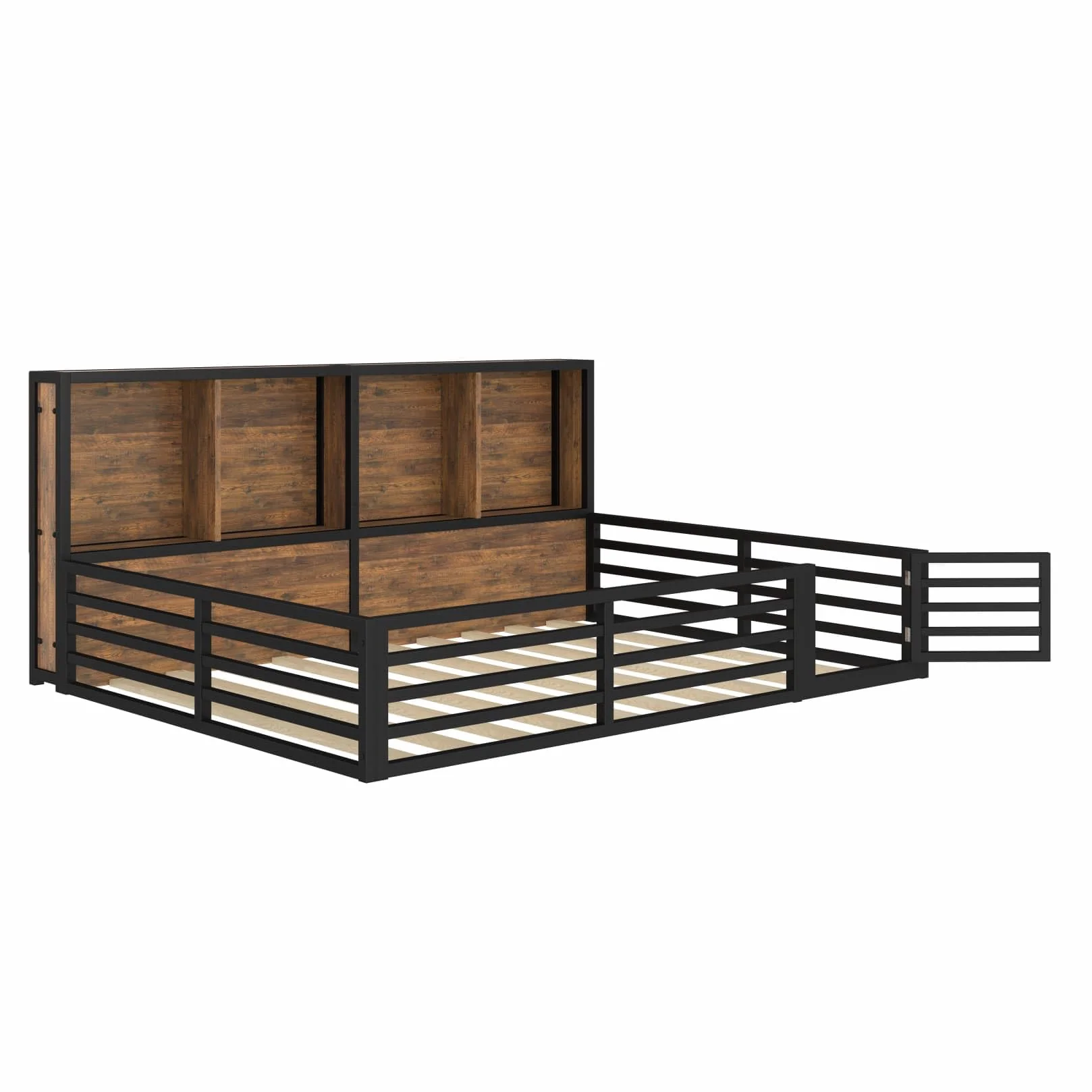 Lit Au Sol 140x200cm en Métal,Lit 2 Personnes Montessori avec Éclairage LED Réglable,Compartiment de Rangement,Porte,Barrières Hautes,pour Garçons Filles(Noir)