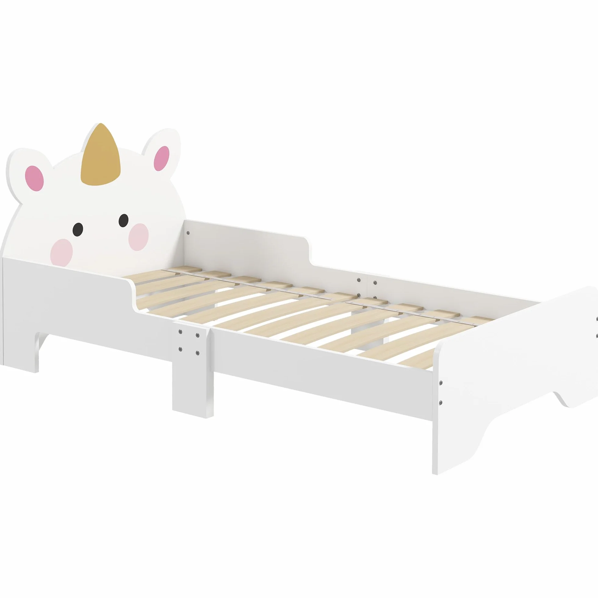 ZONEKIZ Lit Enfant, Design Licorne, 3 à 6 Ans, sommier à Lattes Inclus, 143 x 74 x 67 cm, lit pour Enfant, barrières latérales, Charge Max. 80 kg, Rose