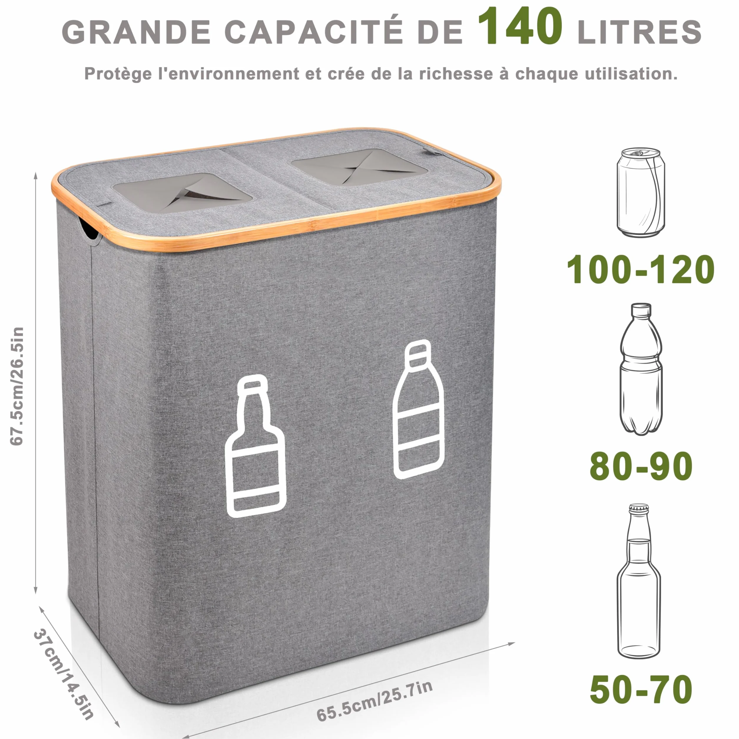 IEEILULU Bouteille consignée 140 L 2 compartiments avec couvercle collecteur poubelle cuisine gris