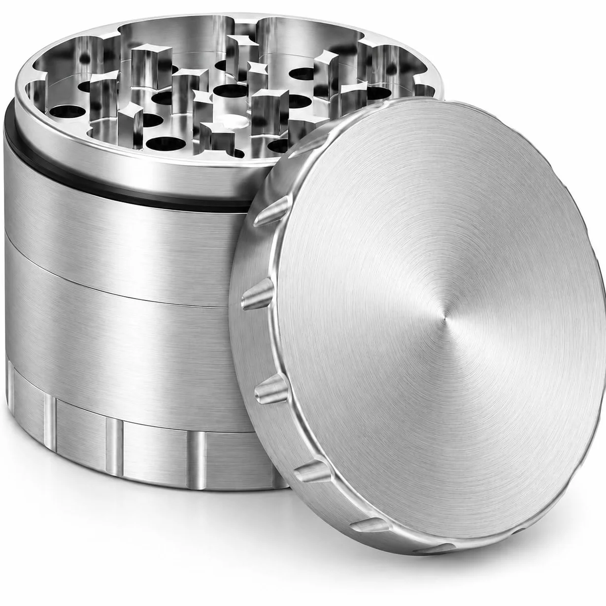 Moulin à herbes en acier inoxydable de qualité supérieure - 4 pièces - Ø 63 mm - Avec étui de protection avec fermeture éclair, grattoir à pollen, pinceau et embout buccal