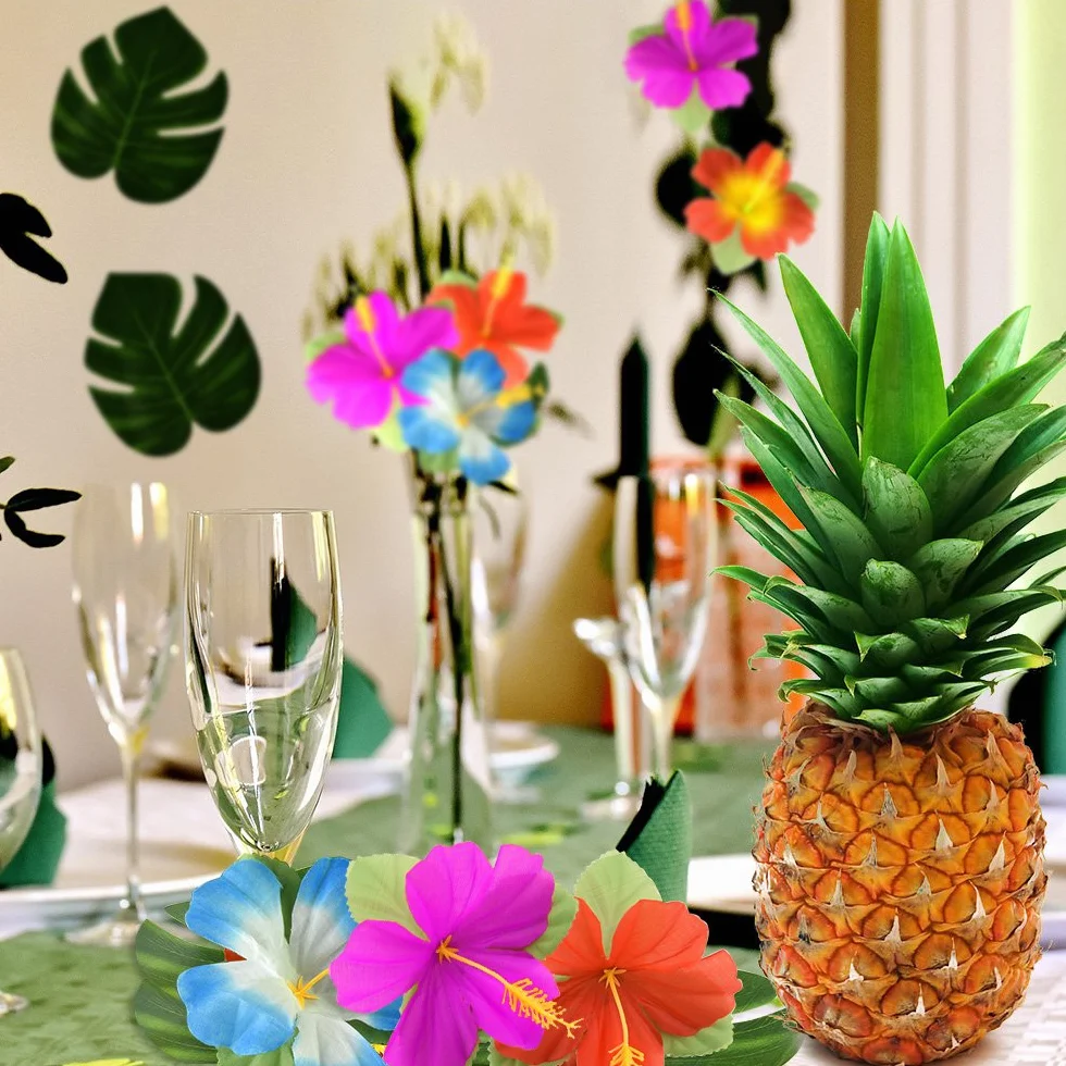 KUUQA 60 Pcs Tropical Party Decoration Fournitures 8" Palmtera Feuilles Hibiscus Simulation Hawaiian Luau Jungle Beach Theme