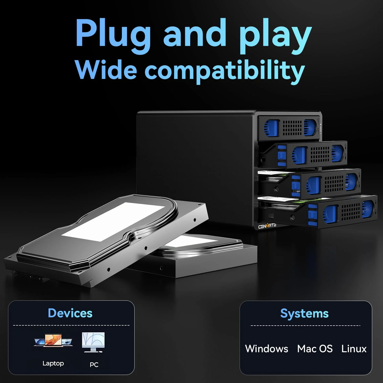 Obudowa dysku twardego z 4 kieszeniami do 2,5/3,5" SATA HDD/SSD z kablem USB A/C 3.0, obudowa dysku twardego 3,5, obsługuje pojemność 80 TB (bez RAID/NAS)