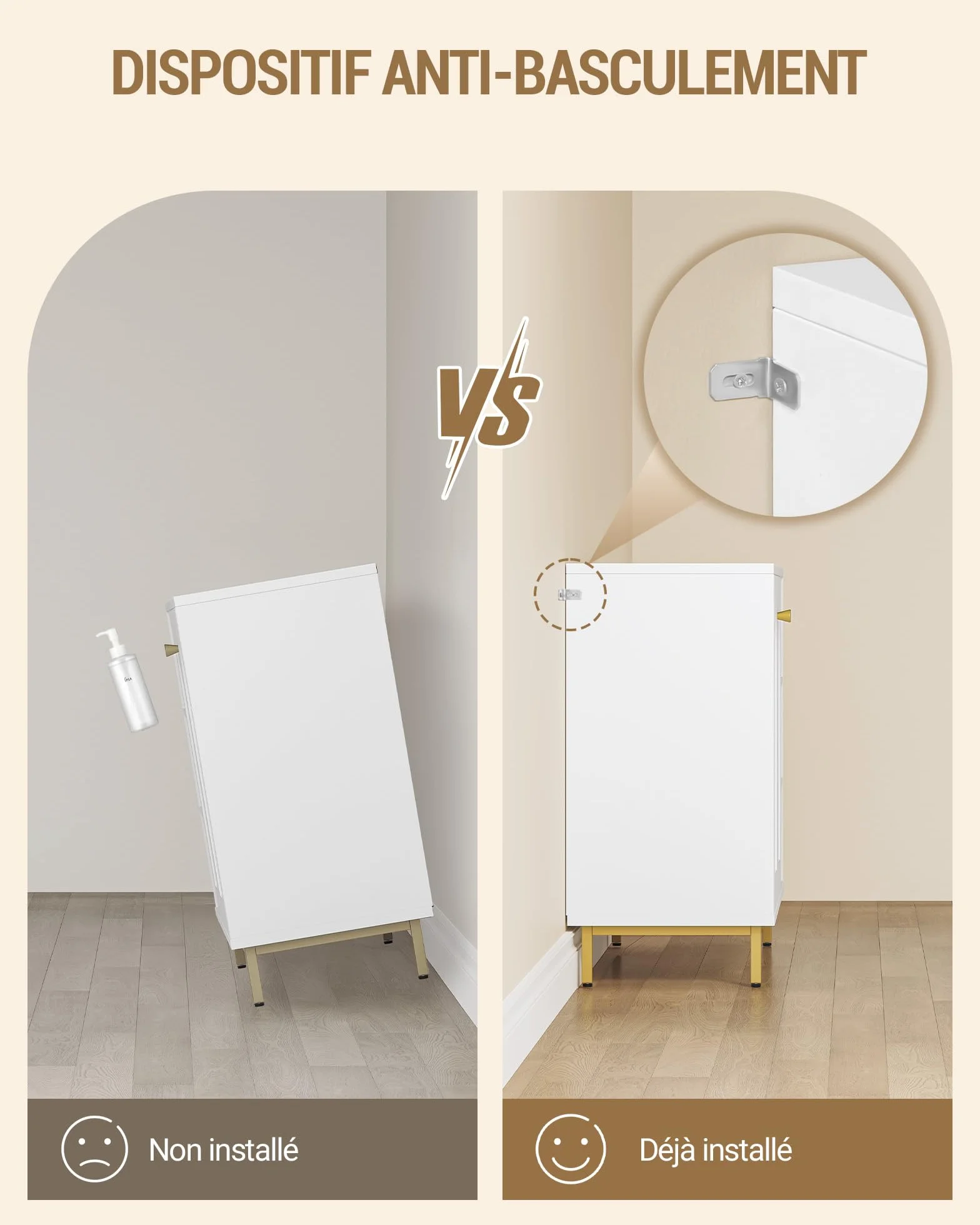 Hzuaneri Meuble Salle de Bain, Meuble de Rangement, Armoire Salle de Bain, Placard Rangement avec 2 Portes, Compartiment Ouvert, Salle de Bains, Le Salon 35 x 100 x 75 cm, Blanc-Or SC10203G
