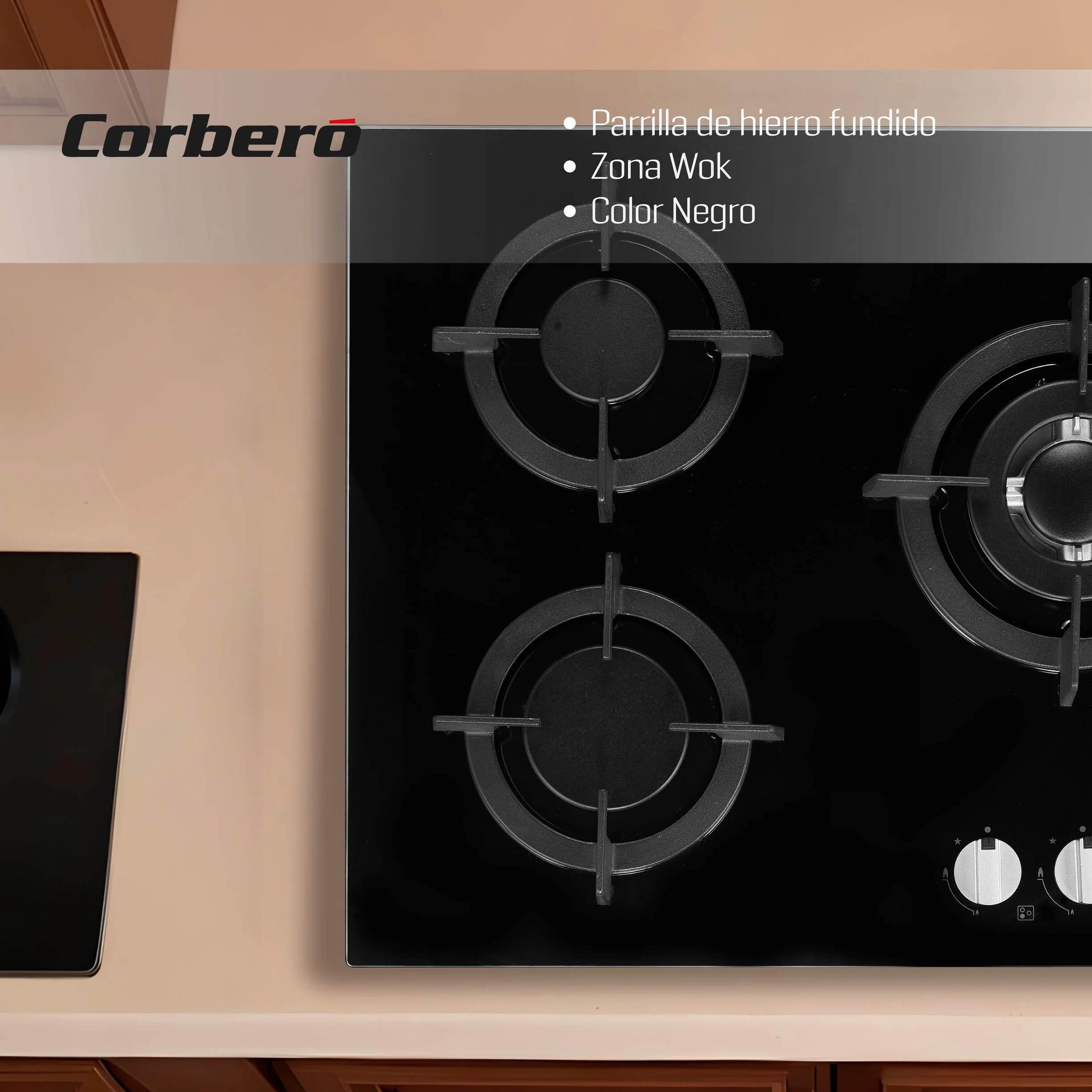 Corberó - Plaque en verre gaz butane CPCGY2303N | Puissance 7 kW | 3 feux | Zone Wok spéciale | Grille en fonte | Valve de sécurité | Arrêt automatique, noir, fonte