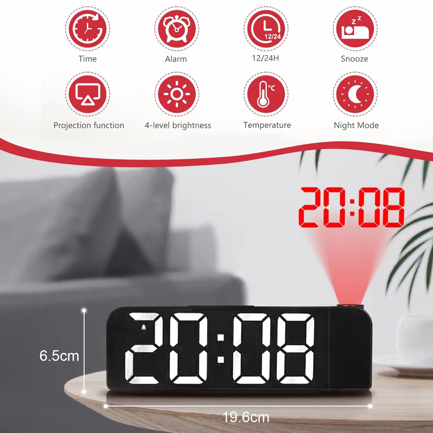 Réveil Projecteur Plafond 180° avec Température, 4 Niveaux de Luminosité, Horloge Numérique LED, Charge USB