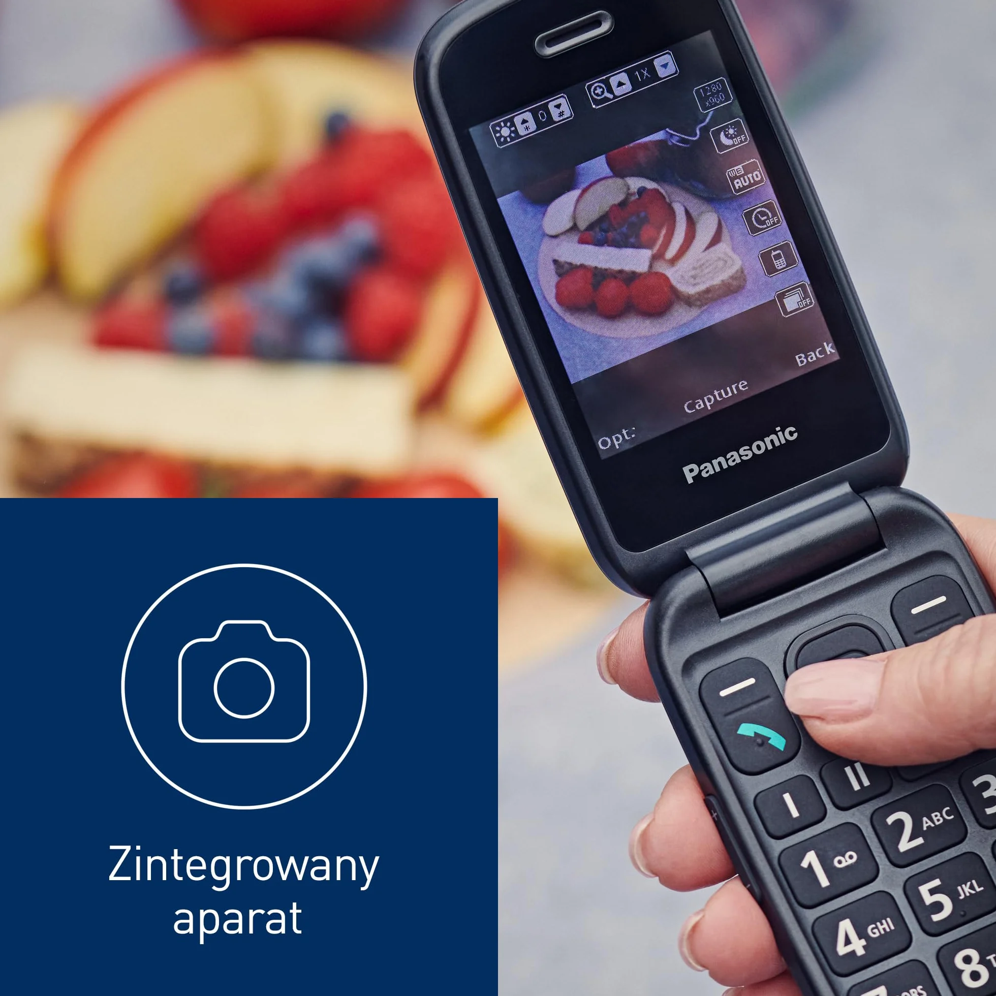 Panasonic KX-TU550 telefon dla seniora z klapką (duży ekran 2,8", aparat 1,2 MP, Clear Voice VoLTE, połączenia priorytetowe, tryb głośnomówiący), niebieski