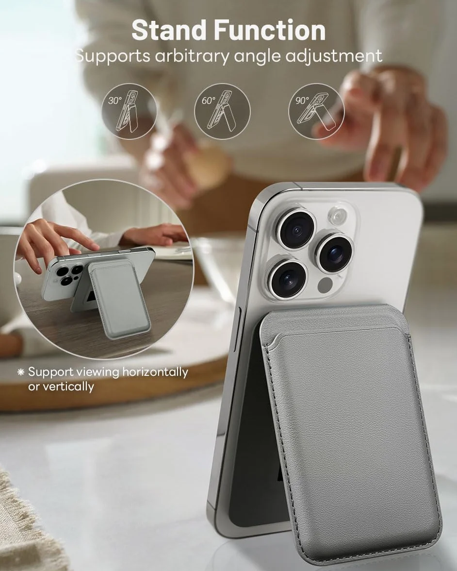 OCASE Magnetyczny portfel z regulowaną podstawką, 3 uchwyty na karty, do serii Kompatybilne z iPhone 16/15/14/13/12, Ultra Slim Nie do iPhone'a Mini Skóra Premium, Szary