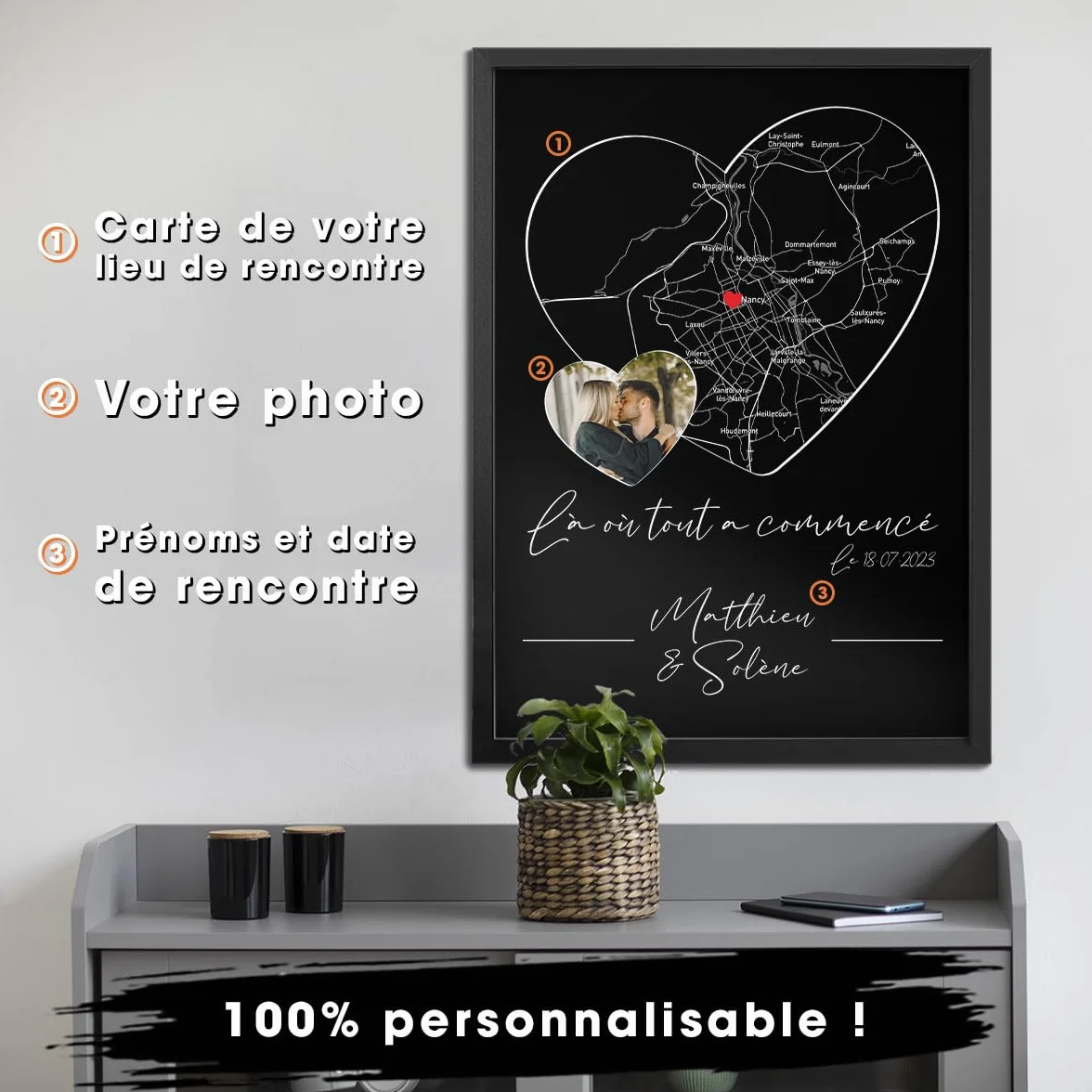 Poster personnalisé couple Coeur Là où tout a commencé Lieu de rencontre date de rencontre photo et texte personnalisable cadeau Saint-Valentin