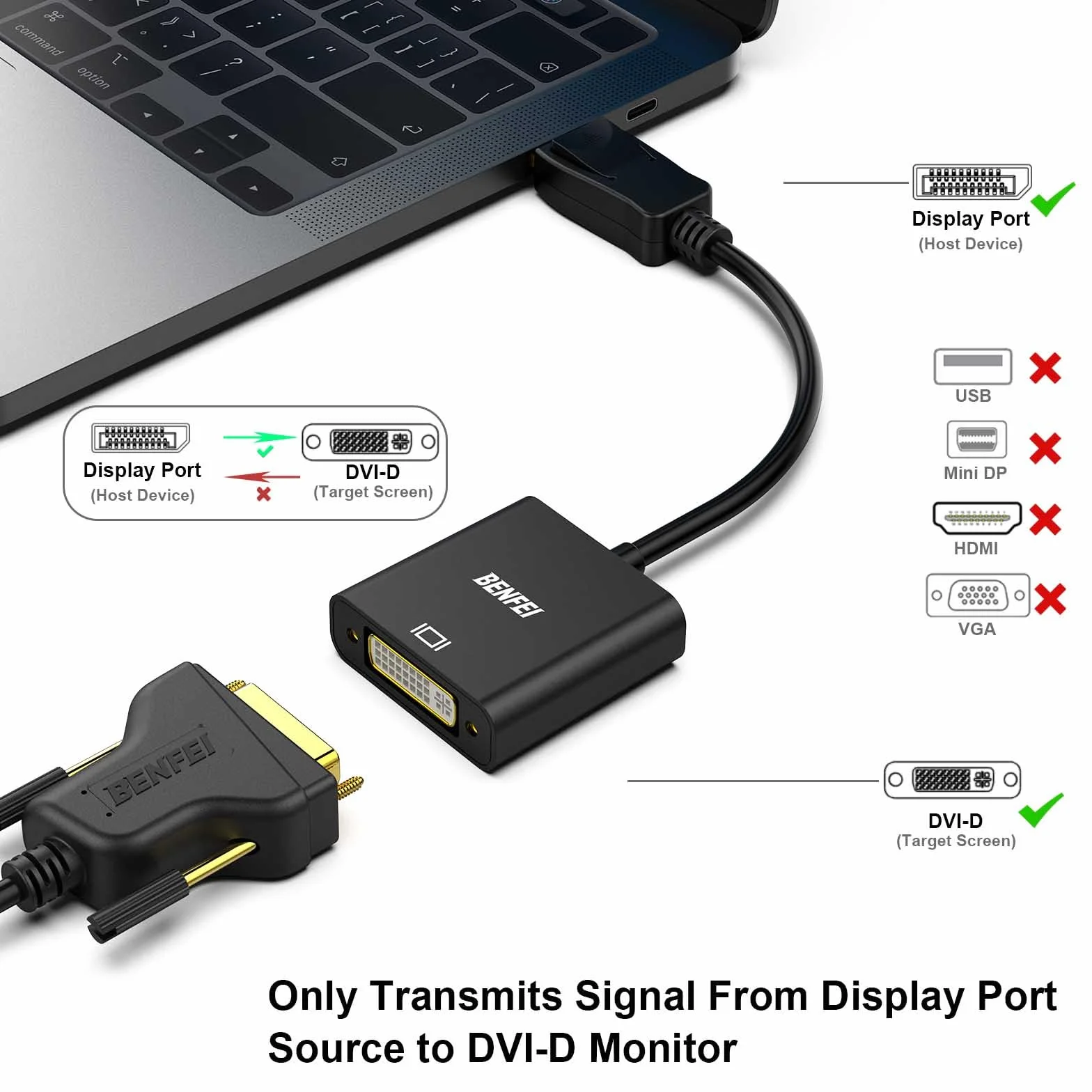 BENFEI DisplayPort na DVI, pozłacany adapter DP na DVI (męski na żeński) kompatybilny z Lenovo, Dell, HP i innymi markami