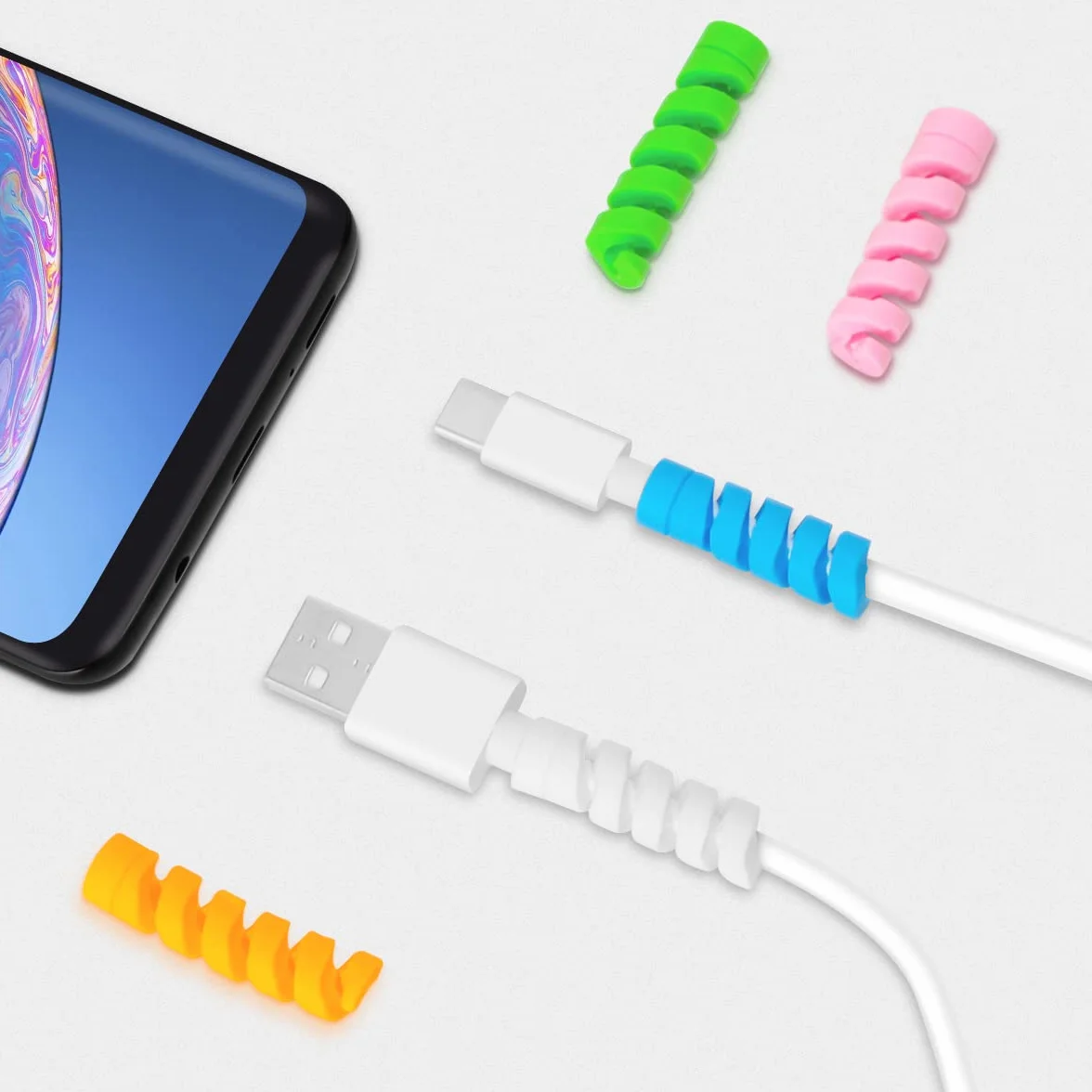 25 sztuk oszczędzających kabel do ładowarki, elastyczny silikonowy ochraniacz na kabel micro USB, kombinezon ochronny kabla myszy do wszystkich linii danych telefonu komórkowego (biały, różowy