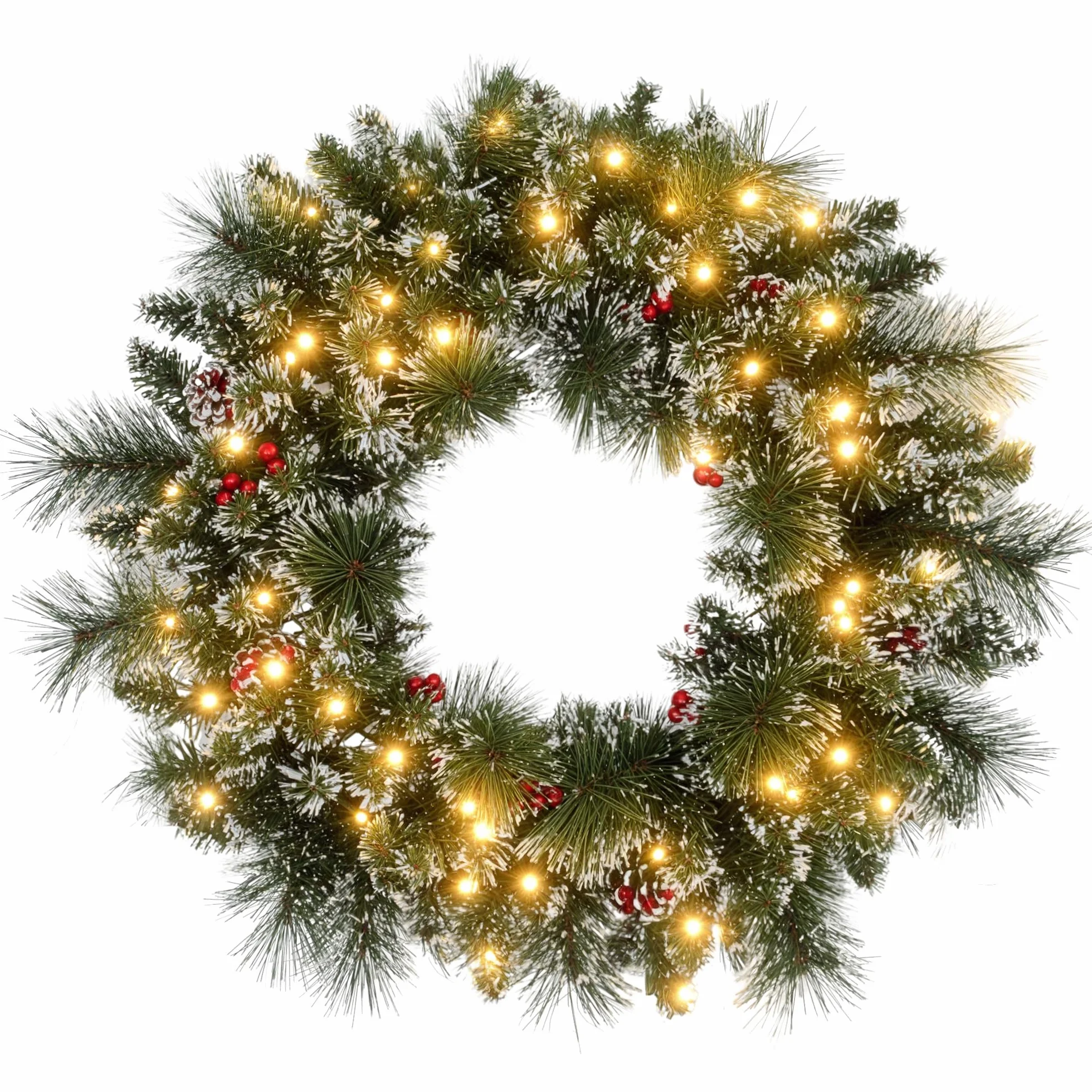 HOMCOM Couronne de Noël Porte Artificielle 60 CM décoration de Noël Lumineuse avec Pommes de pin et grappes de Baies, lumières LED et minuterie, pour Porte, fenêtre ou cheminée, Vert