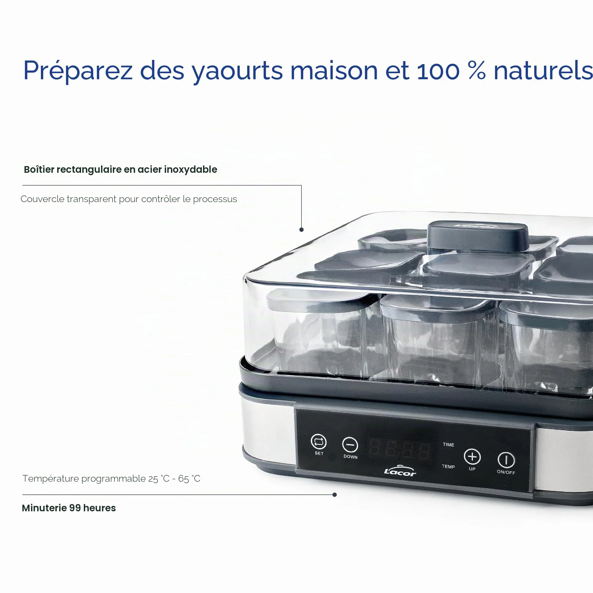 Lacor - 69439 - Yaourtière en Verre Deva, 9 Bocaux en Verre Inclus, Température Réglable, Minuterie, Arrêt Automatique, Livre de Recettes Inclus, 100% sans BPA, 170ml x 9