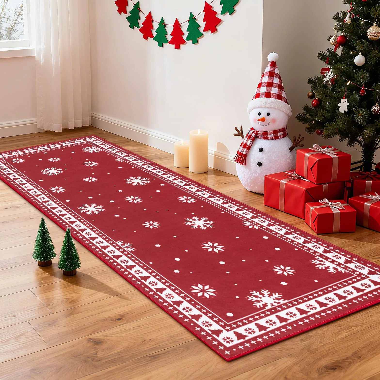 Enyhom Tapis Couloir Long de Noël 80 x 300 cm, Moelleux Tapis de Cuisine Antidérapant et Lavable en Machine, Absorbant Facile à Nettoyer Tapis de Passage pour Couloir, Entree, Chambre à Coucher, Salon