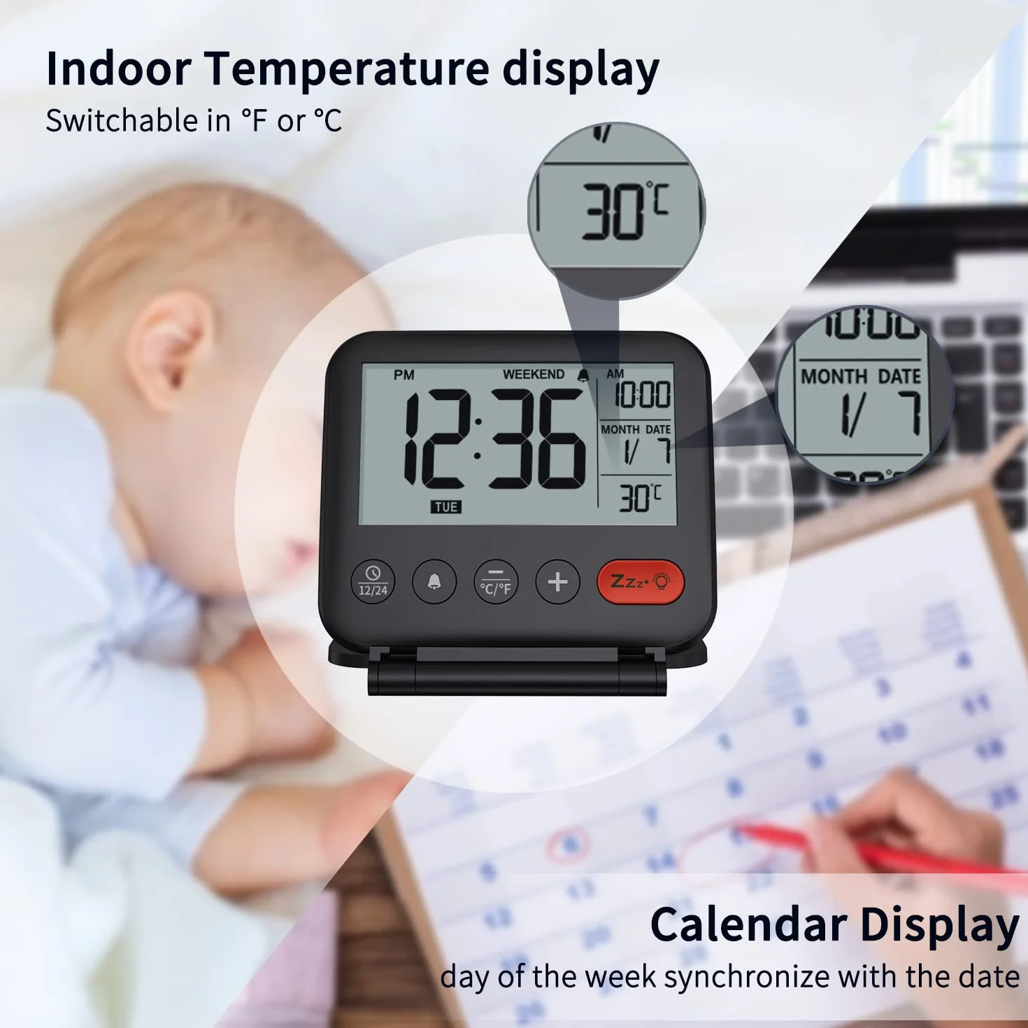 NOKLEAD Mini Horloge Numérique LCD Portable Réveil de Voyage avec Calendrier Rétroéclairé 12/24H Température Miroir Pliable Piles (Noir)