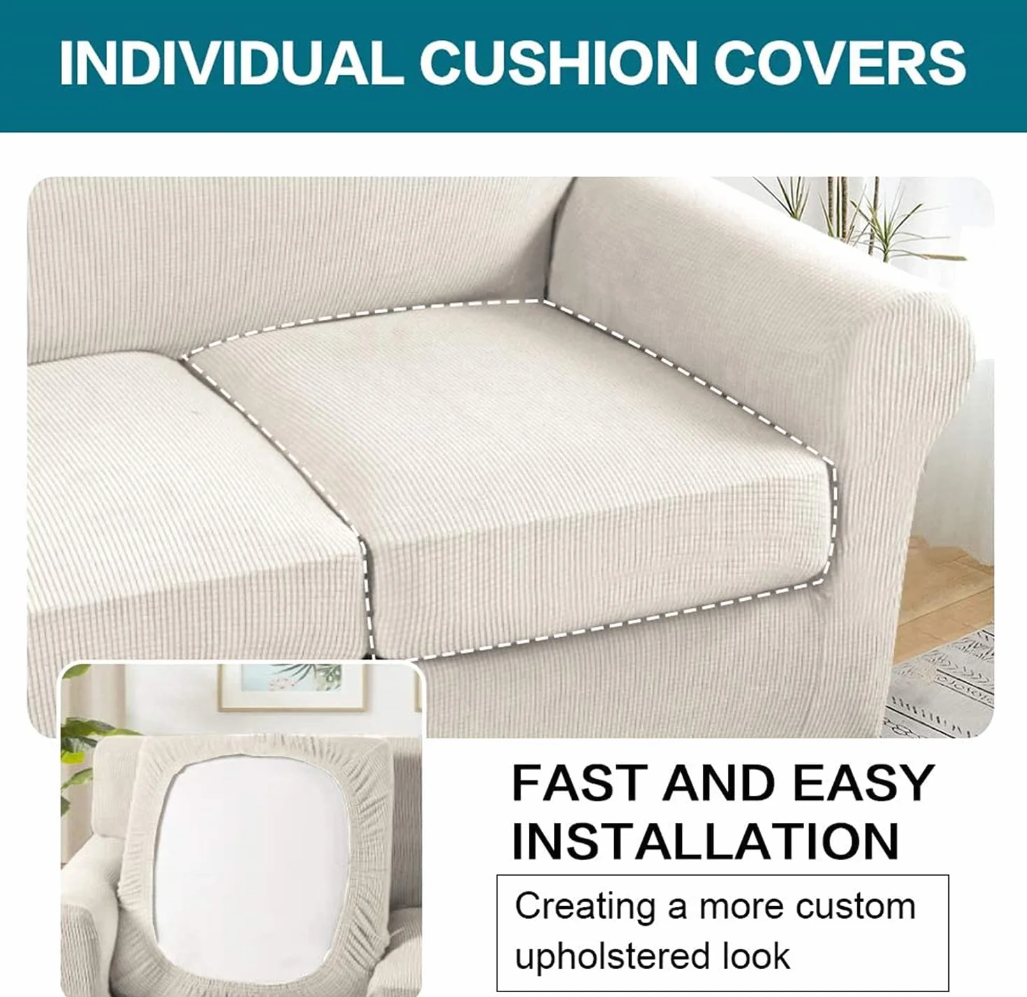 ESOUY Housse de canapé extensible en tissu jacquard élasthanne à carreaux Ivoire 3 places 182,9-243,8 cm