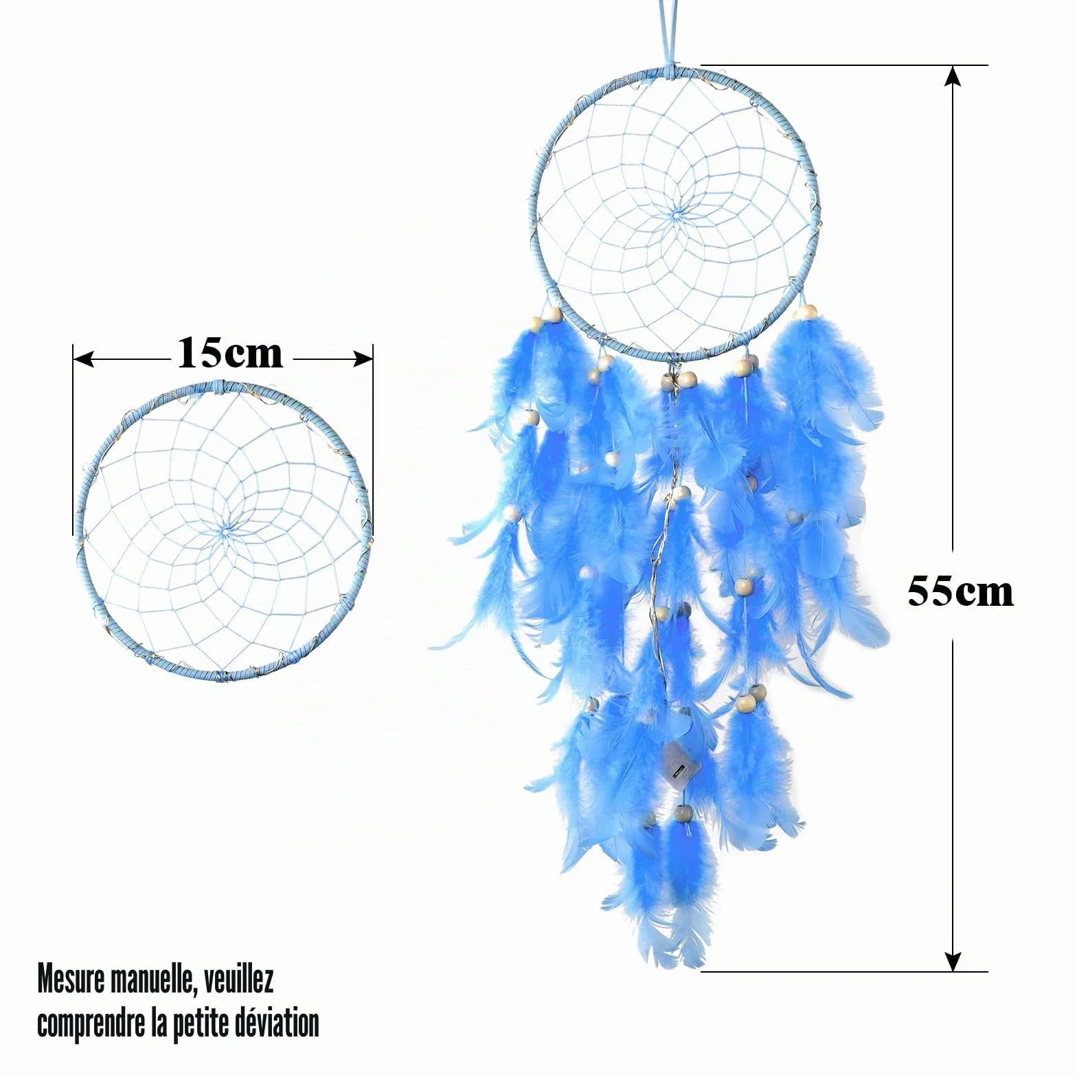 Attrape-rêves en plumes LED bleu - Décoration murale bohème