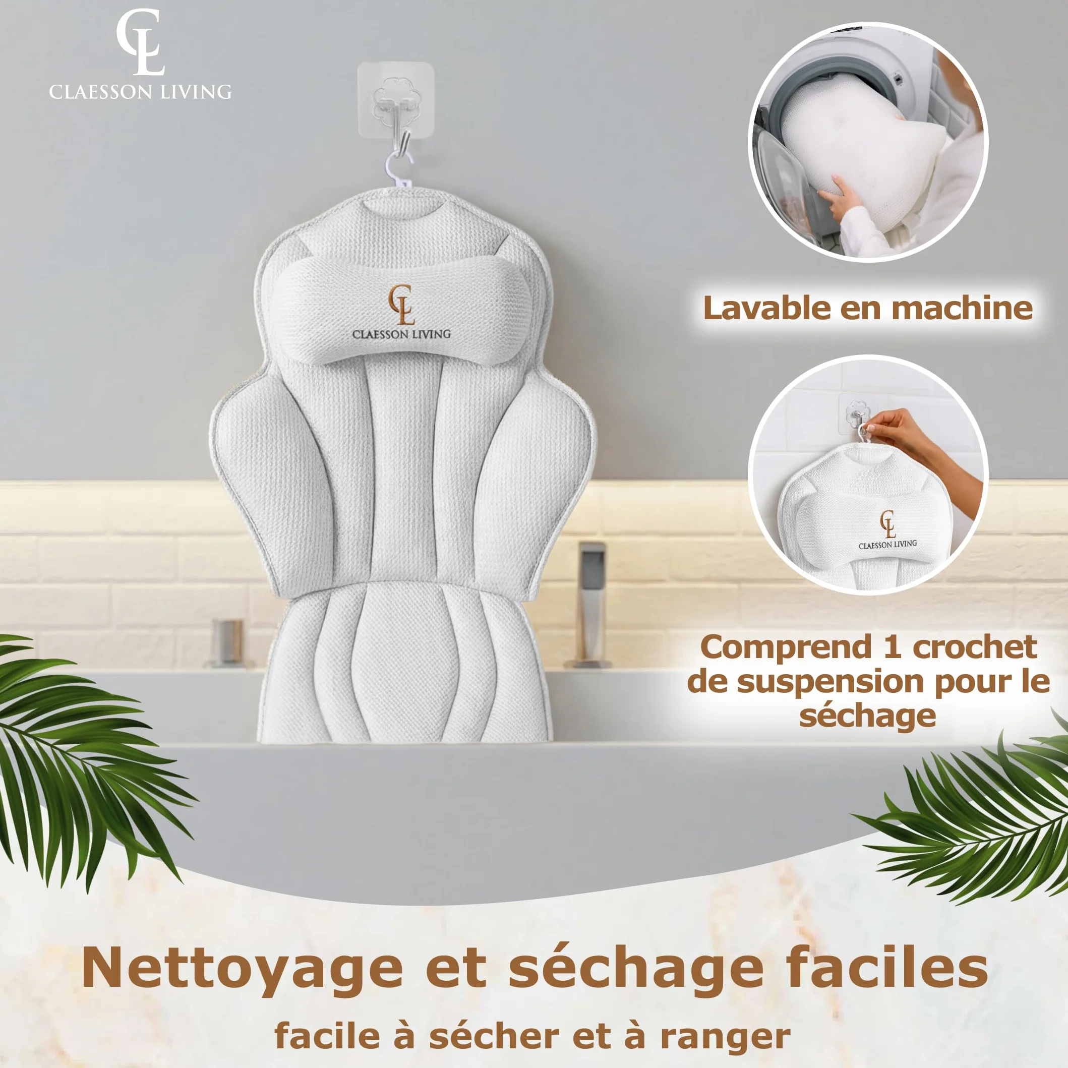 Coussin Baignoire Corps Complet Claessonliving (152x56cm) - Matelas de Bain avec appuie-tête (11cm) & Supports Corps - Coussin Baignoire Adulte - Oreiller Baignoire - Sacs de Lavage Inclus - Blanc
