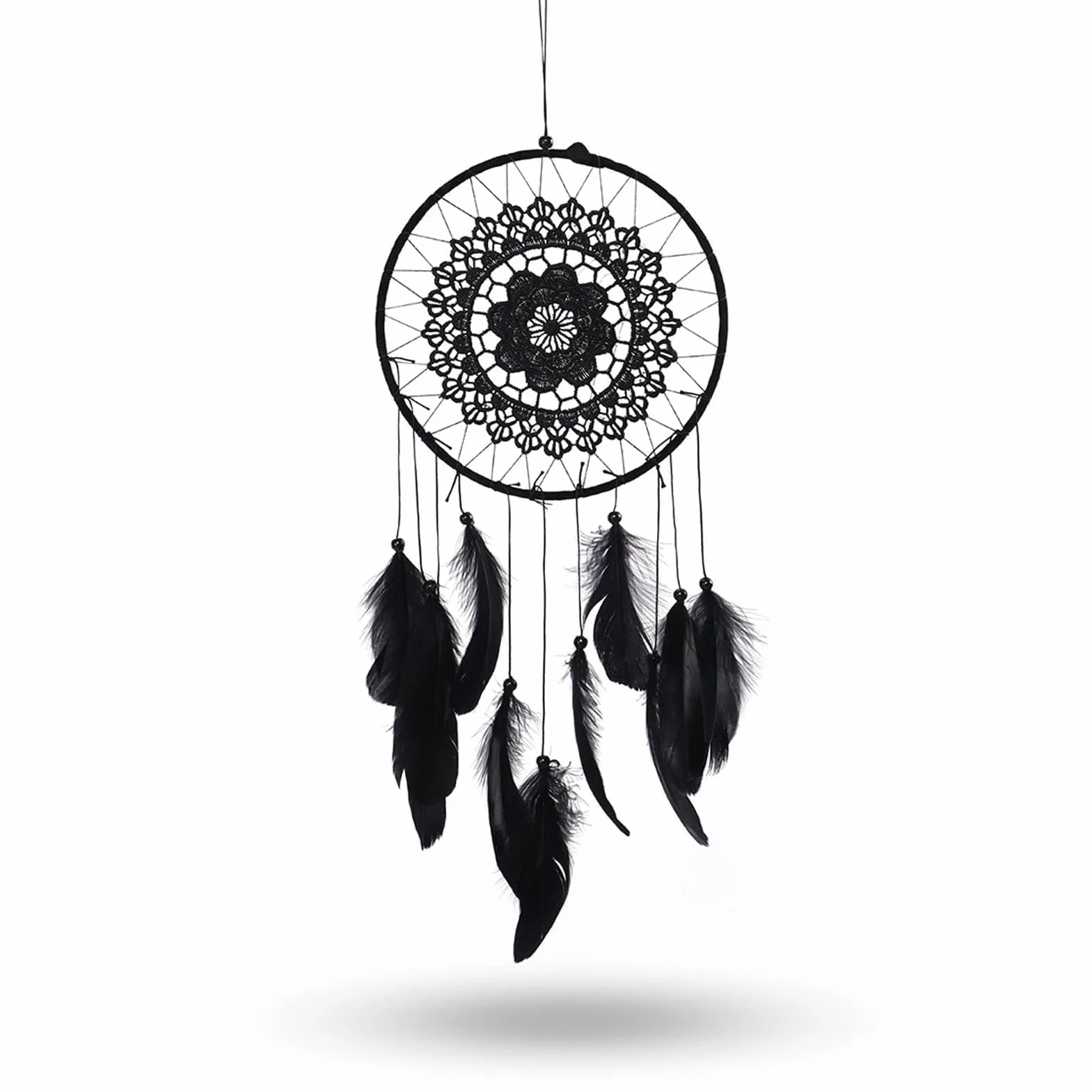 Attrape-Rêves Noir à Plumes Fait Main 20.5 cm Décor Rétro Romantique