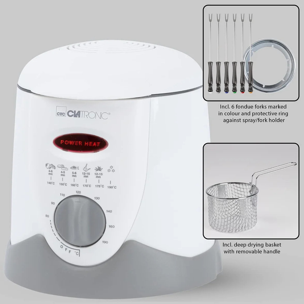 Clatronic Ffr 2916 Friteuse et Fondue Parois Froides Thermostat Variable 2 Indicateurs Lumineux de Control Protection Anti Surchauffe Capacité 1 Litre Blanc