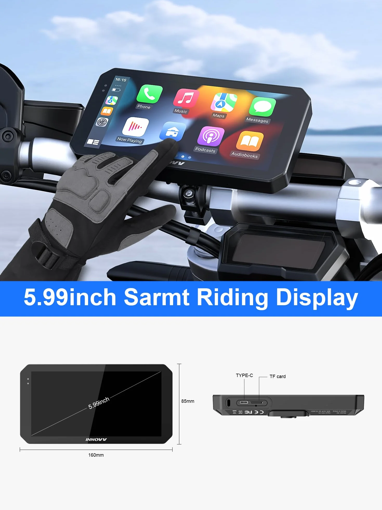 INNOVV N2 Motocyklowa kamera samochodowa Carplay, ekran dotykowy 15.2 cm, obsługa systemu Android Auto i iOS, przednia i tylna kamera 2K + 2K z nawigacją GPS, tryb parkowania, muzyka, Wi-Fi 5,8 G
