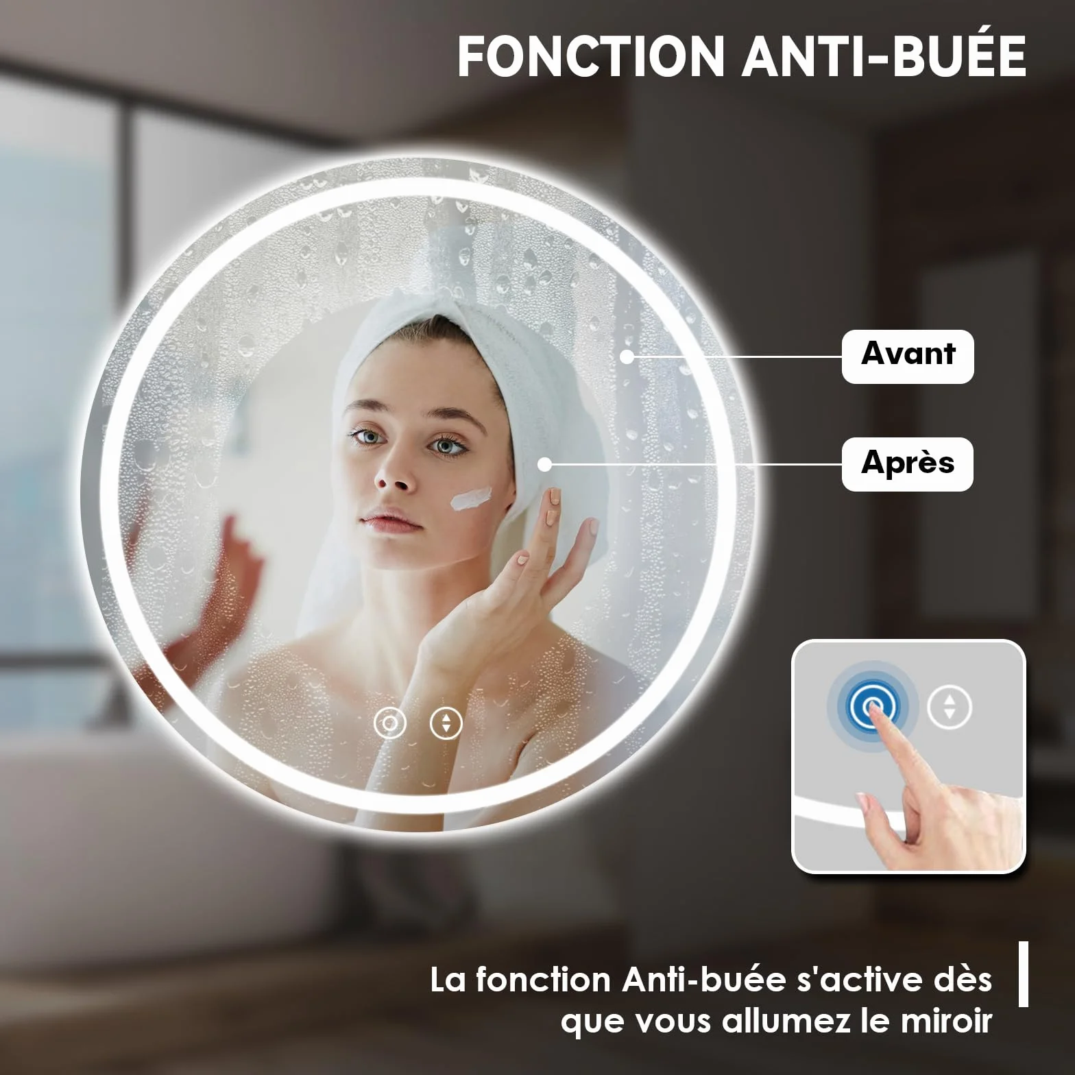 Dripex Miroir Salle de Bain avec Eclairage 50cm, Miroir LED Rond avec Anti-buée, 3 Couleurs Lumière, Dimmable, Fonction Mémoire, HD Verre Trempé, Capteur Tactile, IP44