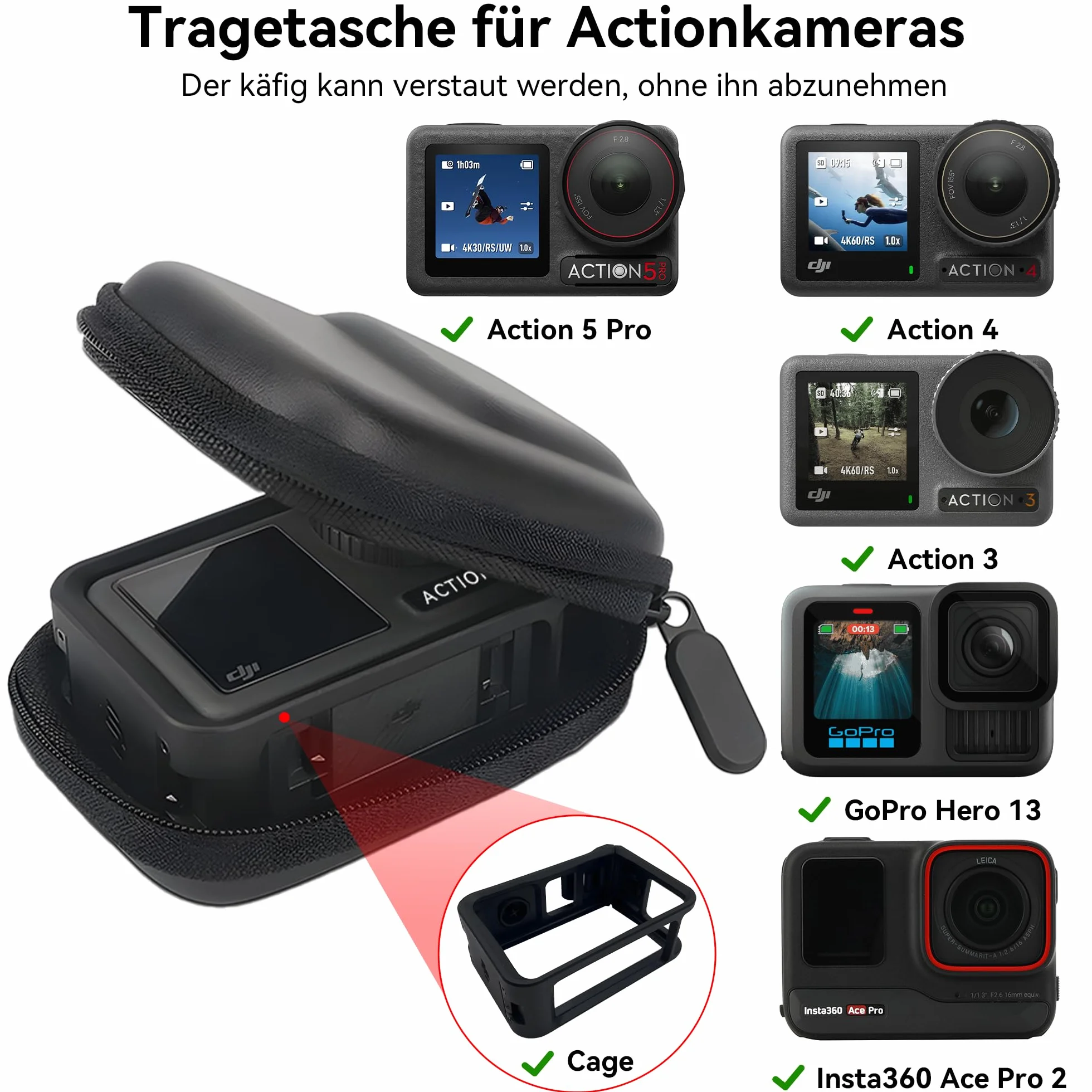 Action 5 Pro Etui Transportowe - Przenośna Torba Podróżna z Twardą Powłoką PU do DJI Osmo Action 4/3/GoPro Hero 13/Insta360 Ace Pro 2 Przechowywania Akcesoriów Kamery Pokrowiec Ochronny