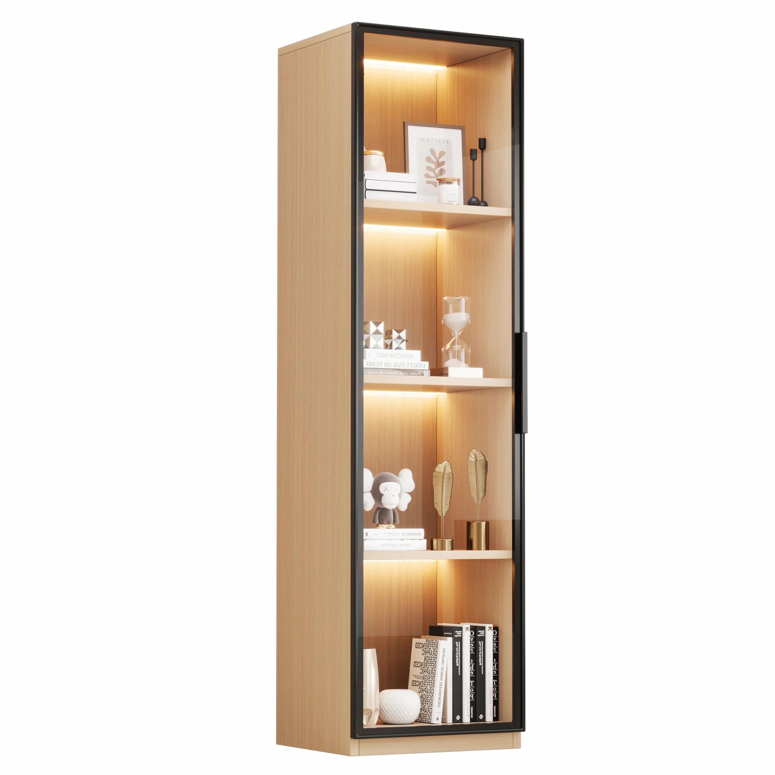 Merax Vitrine avec porte en verre 40×40×165 cm, meuble haut étroit en MDF aspect chêne, avec verre trempé, LED, meuble d'exposition pour salon bureau, couleur bois