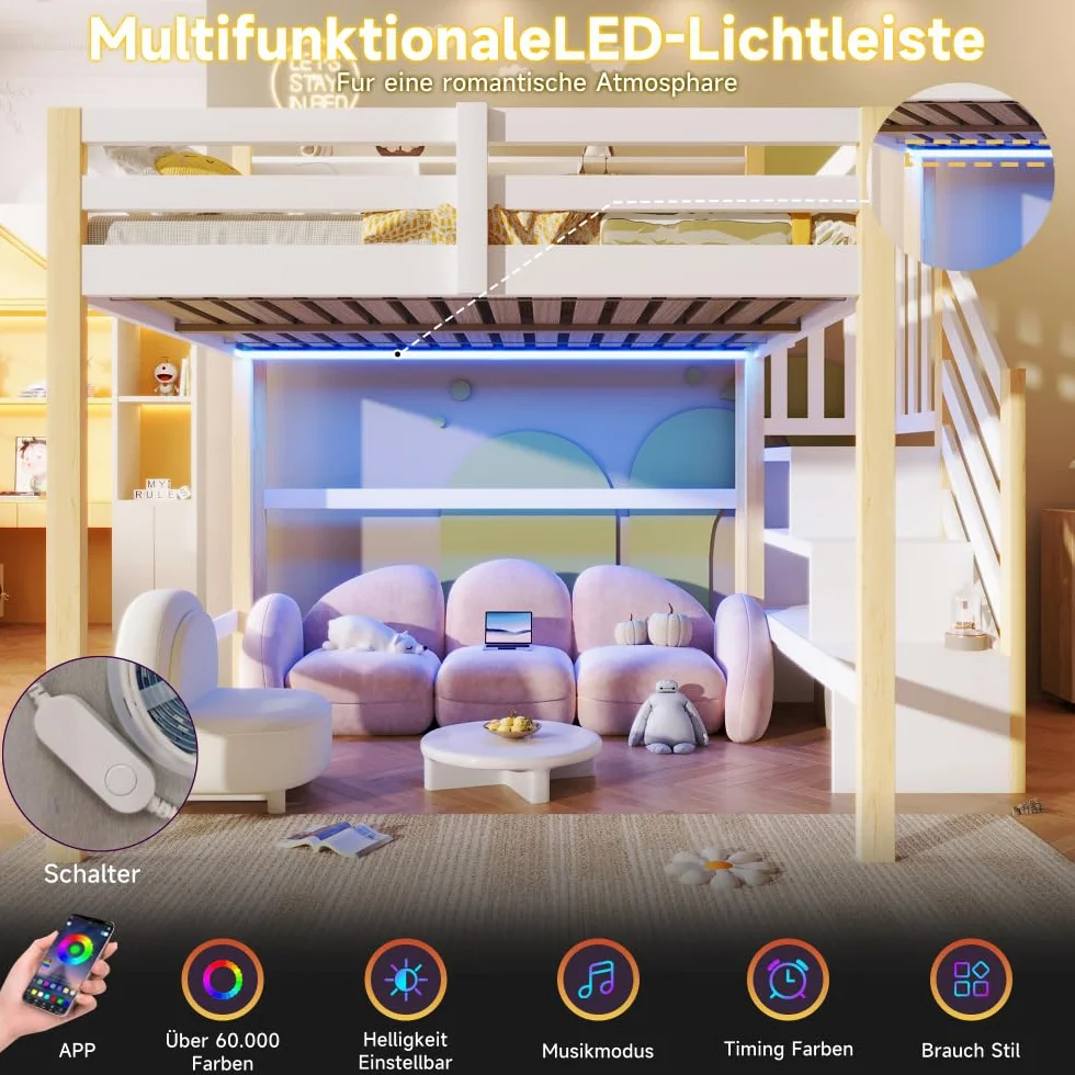 Sapgaks Lit Mezzanine Enfants 90x200cm,lit superposé Enfant avec lumières LED,lit Enfant avec Rangement sous Le lit,lit Enfant avec Barriere,échelle de Rangement,Blanc + Naturel