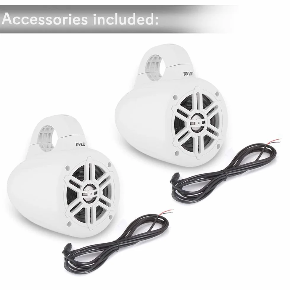 Waterproof Marine Wakeboard Tower Speakers - 4 Inch Dual Subwoofer Speaker Set with 300 Max Power Output - Boat Audio System Kit w/Titanium Dome Tweeters & Mounting Clamps - Pyle PLMRWB45W (White)