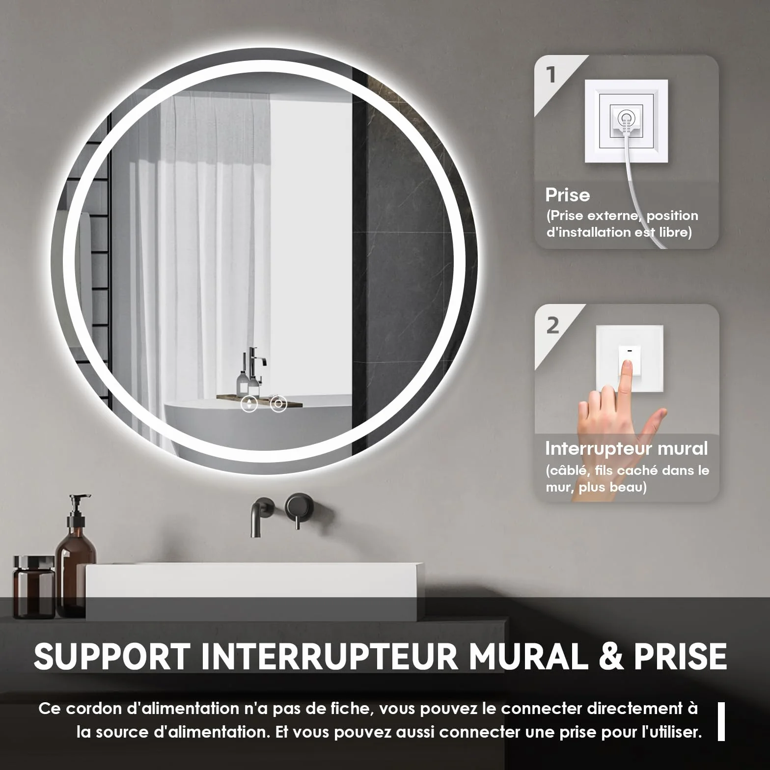 Dripex Miroir Salle de Bain avec Eclairage 50cm, Miroir LED Rond avec Anti-buée, 3 Couleurs Lumière, Dimmable, Fonction Mémoire, HD Verre Trempé, Capteur Tactile, IP44