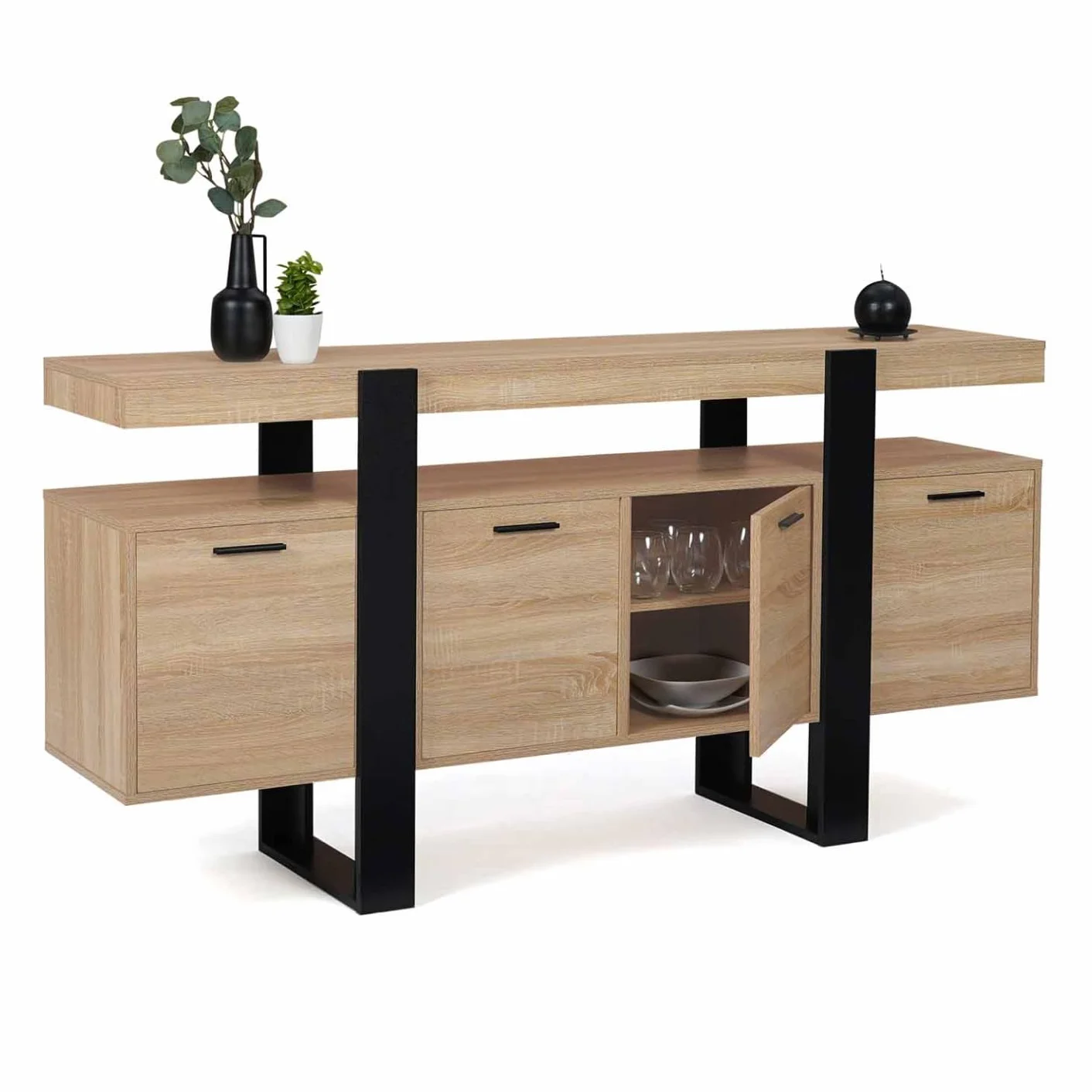 IDMarket - Buffet 160 cm Phoenix XXL 4 Portes Bois et Noir