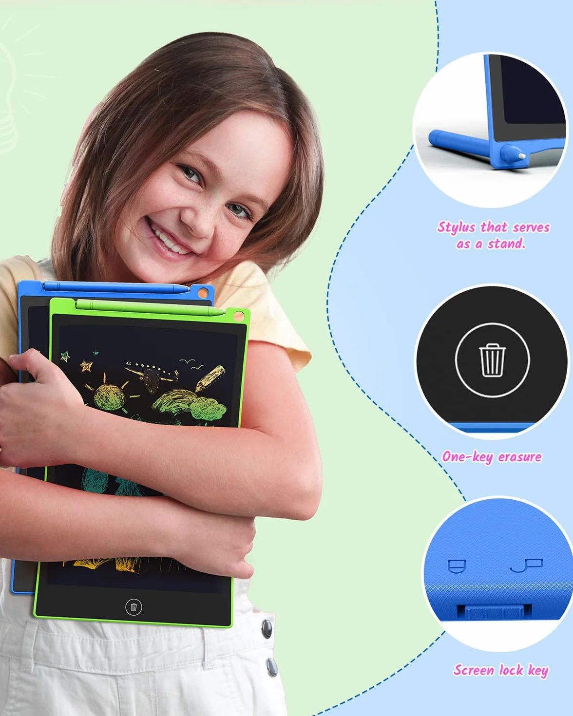 Tablettes d'écriture LCD 21,6 cm Lot de 2 Tableau à gribouiller coloré pour Enfants Bloc de Dessin effaçable réutilisable (Vert Bleu)