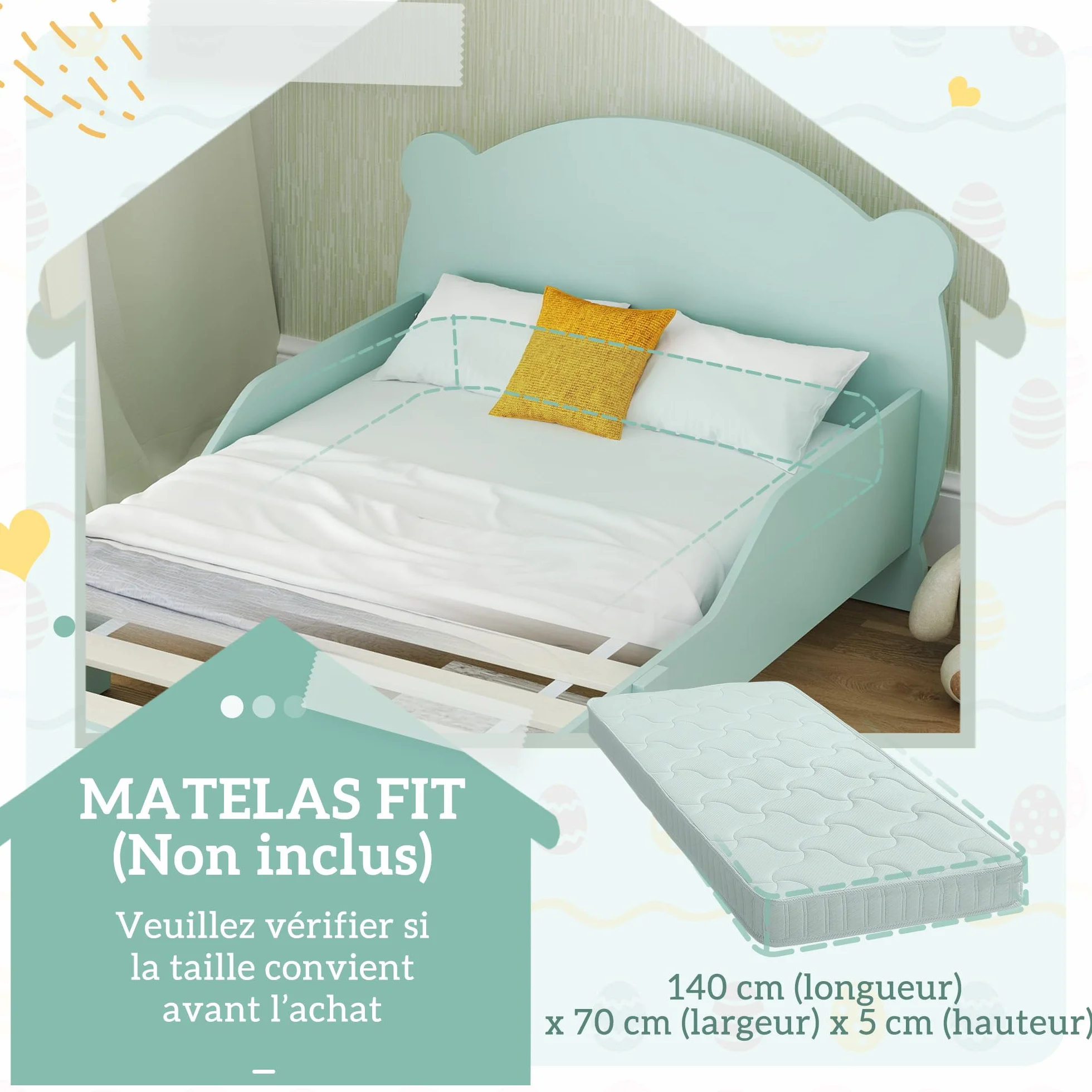AIYAPLAY Lit Enfant lit au Sol Enfant 70x140 cm avec barrière de sécurité, sommier à Lattes Inclus et décorations d'ours, pour garçons et Filles de 3 à 6 Ans - Vert