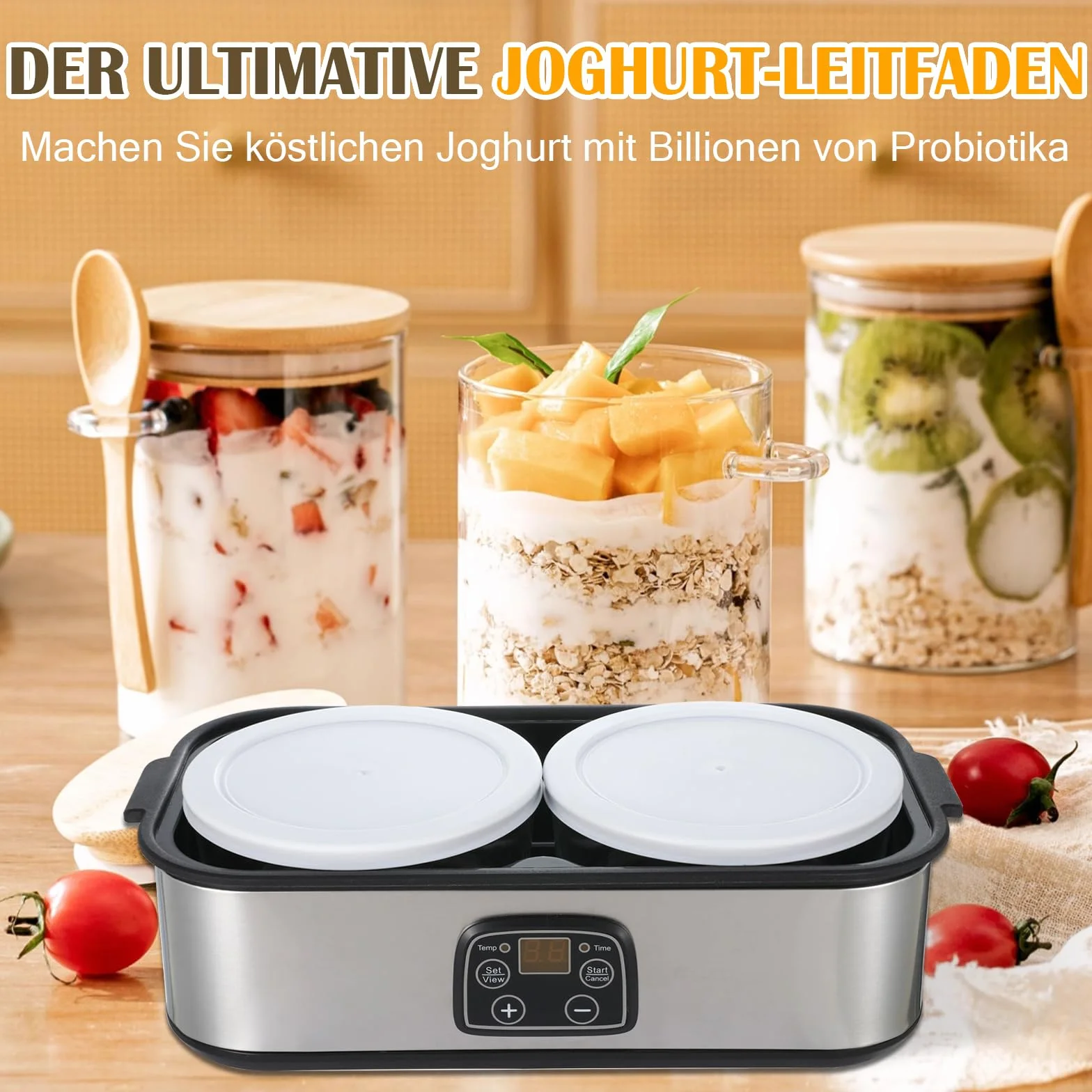 Yaourtière 2 litres Machine à yaourt numérique automatique avec 2 verres, yaourtière avec minuterie et contrôle de la température, yaourtière pour yaourt grec, fromage, natto, vin de riz, argent, 2 l
