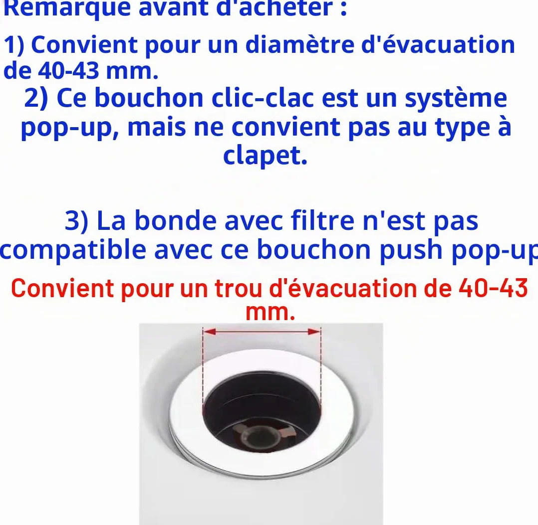Bouchon Pop-up de Baignoire Argenté 69mm en Métal Chromé, Clique-Clac à Ressort