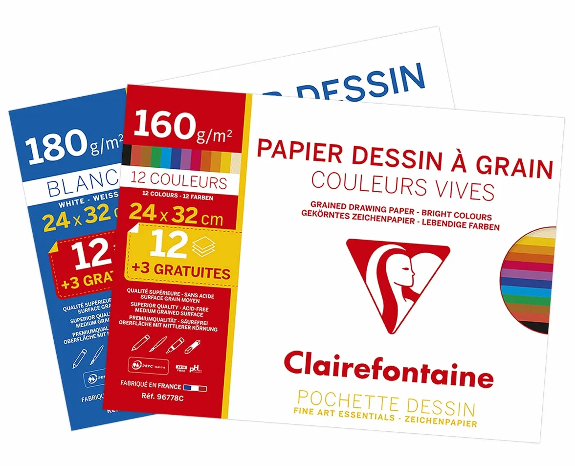 Clairefontaine Lot de 2 Pochette Dessin Scolaire 15 Feuilles Papier Dessin Couleurs Vives 160g Blanc 180g 24x32 cm