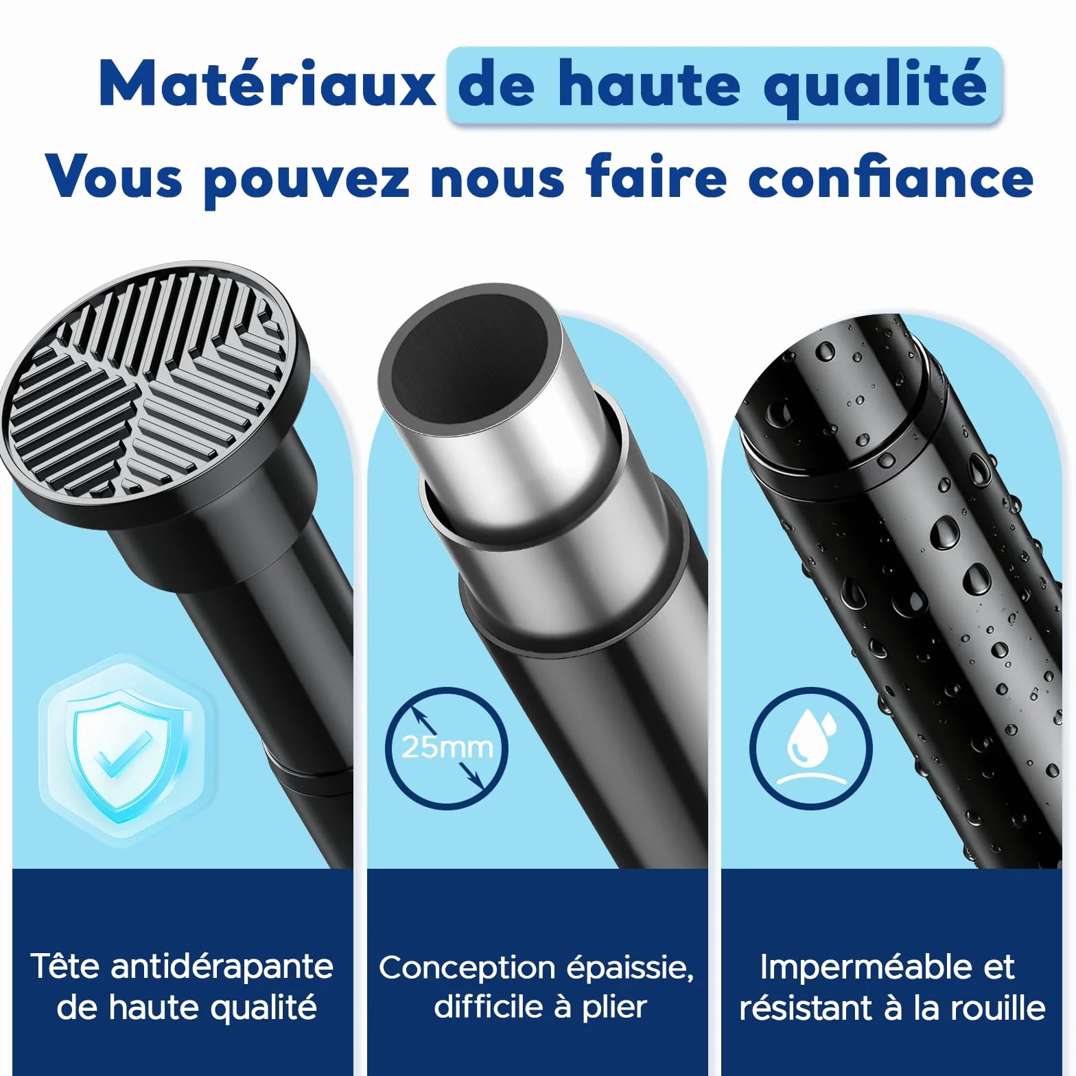 Tringle Rideau Sans Percage Extensible 71-160 cm Diamètre 25 mm Inox Noir pour Salle de Bain Fenêtre Porte Penderie