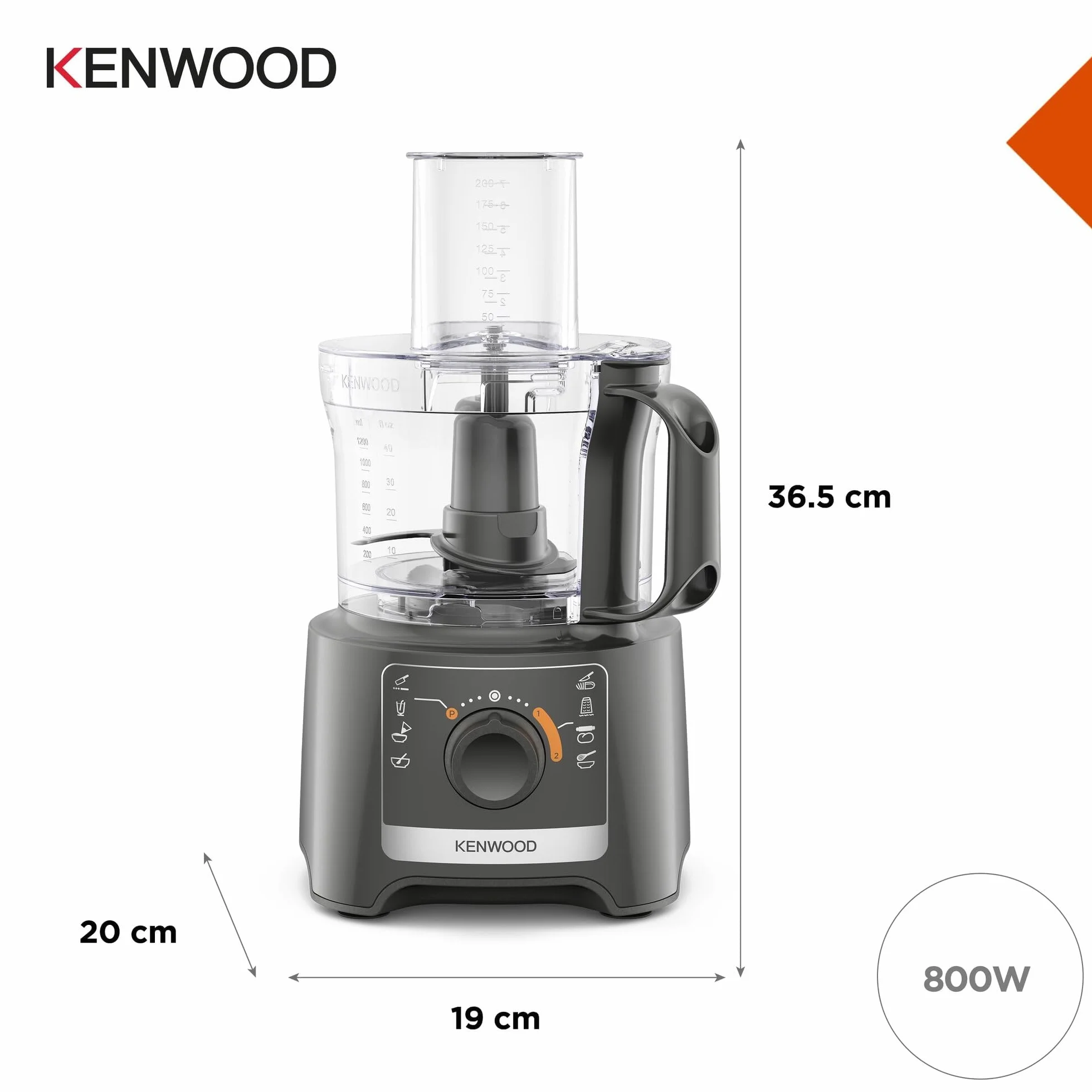 Kenwood Multipro Compact FDP31.020GY Modèle 2023, robot hachoir de cuisine avec 2 vitesses d'usinage + Pulse, bol de 2,1 L, coupe-légumes électrique pour hacher, râper et pétrir, 800 W