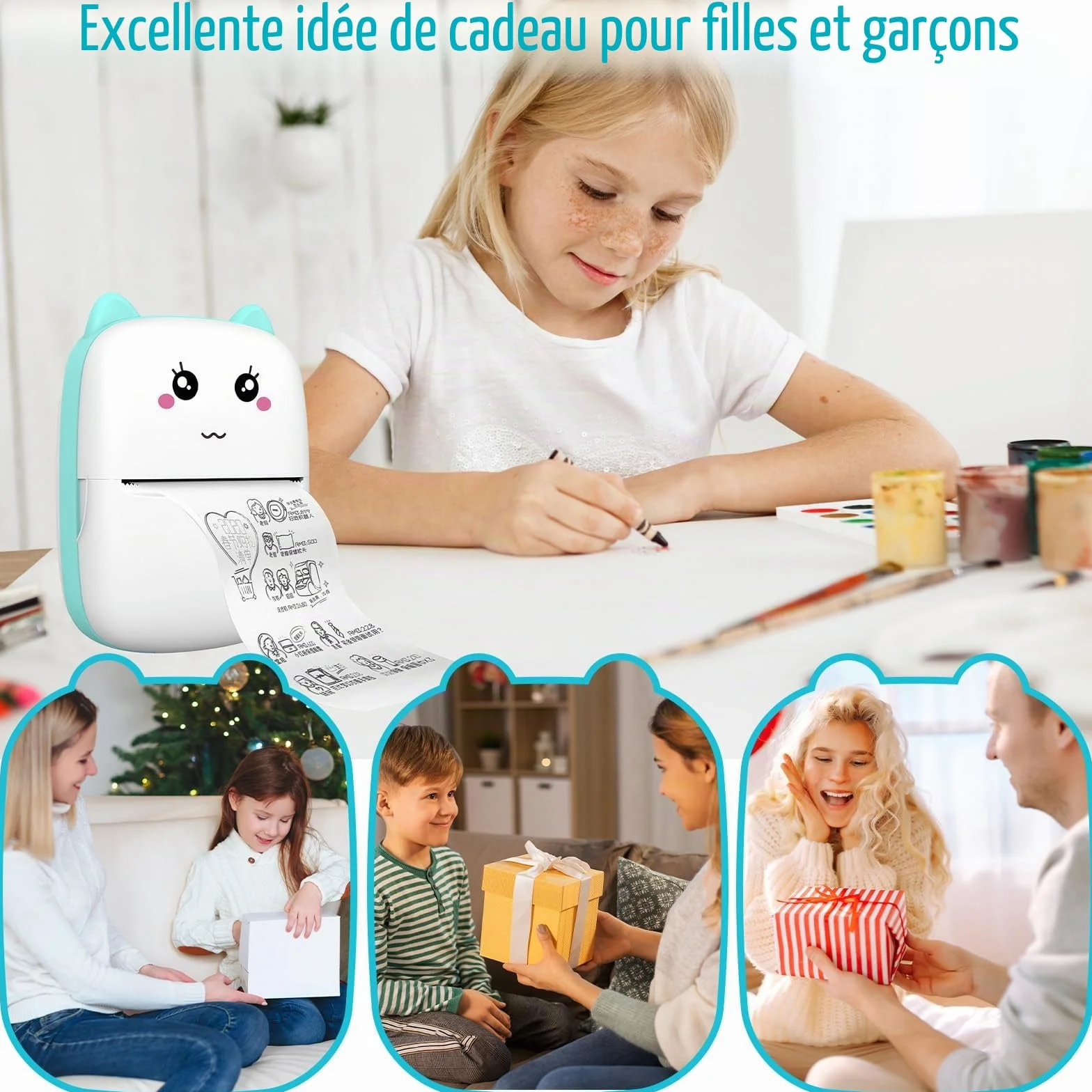 Mini Imprimante Photo Thermique Portable Bluetooth sans Encre iOS Android, Imprimante de Poche Bleu