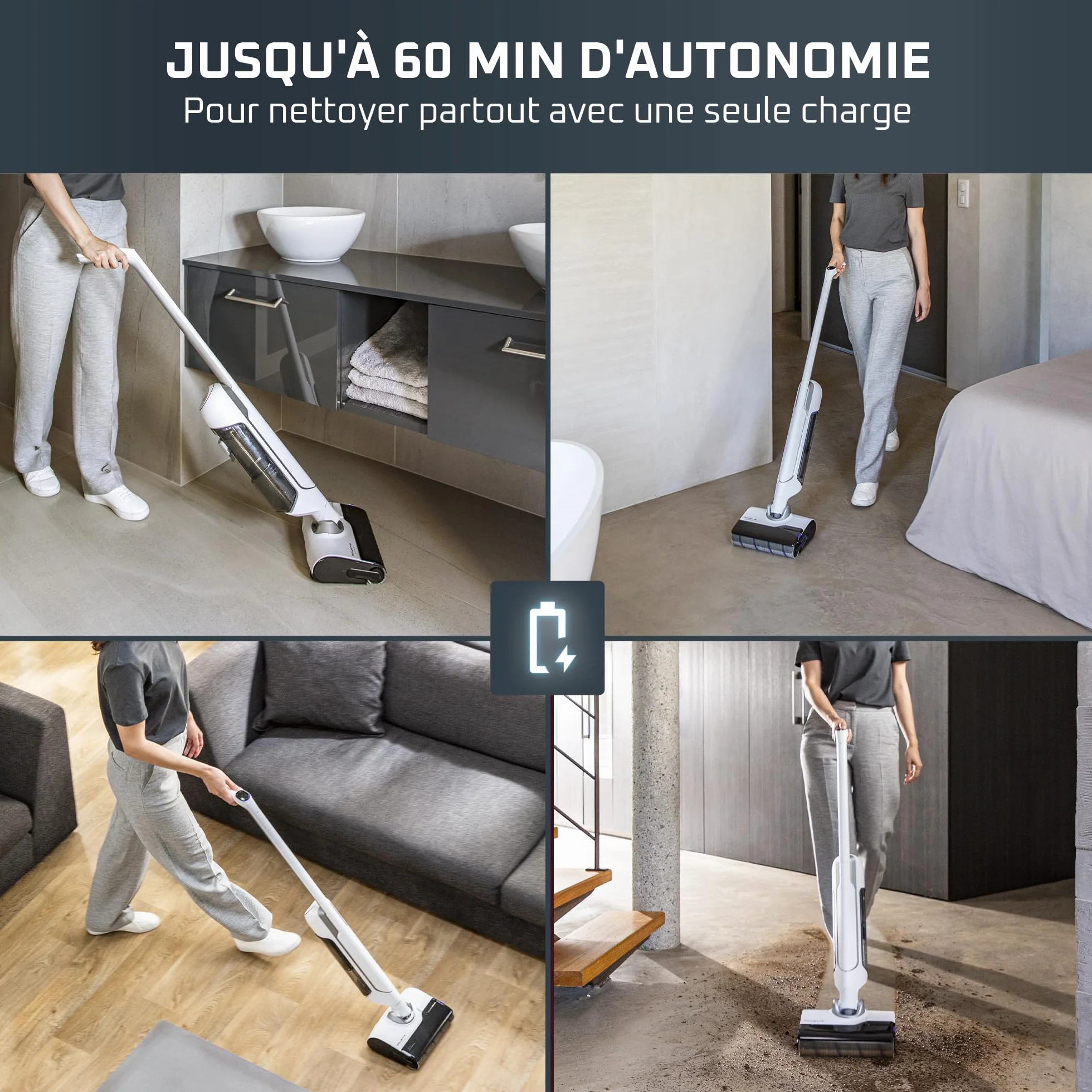Rowenta Aspirateur Laveur sans fil X-Clean 10 180° Plat Auto-Nettoyage 65°C 60min Blanc GZ7540WO