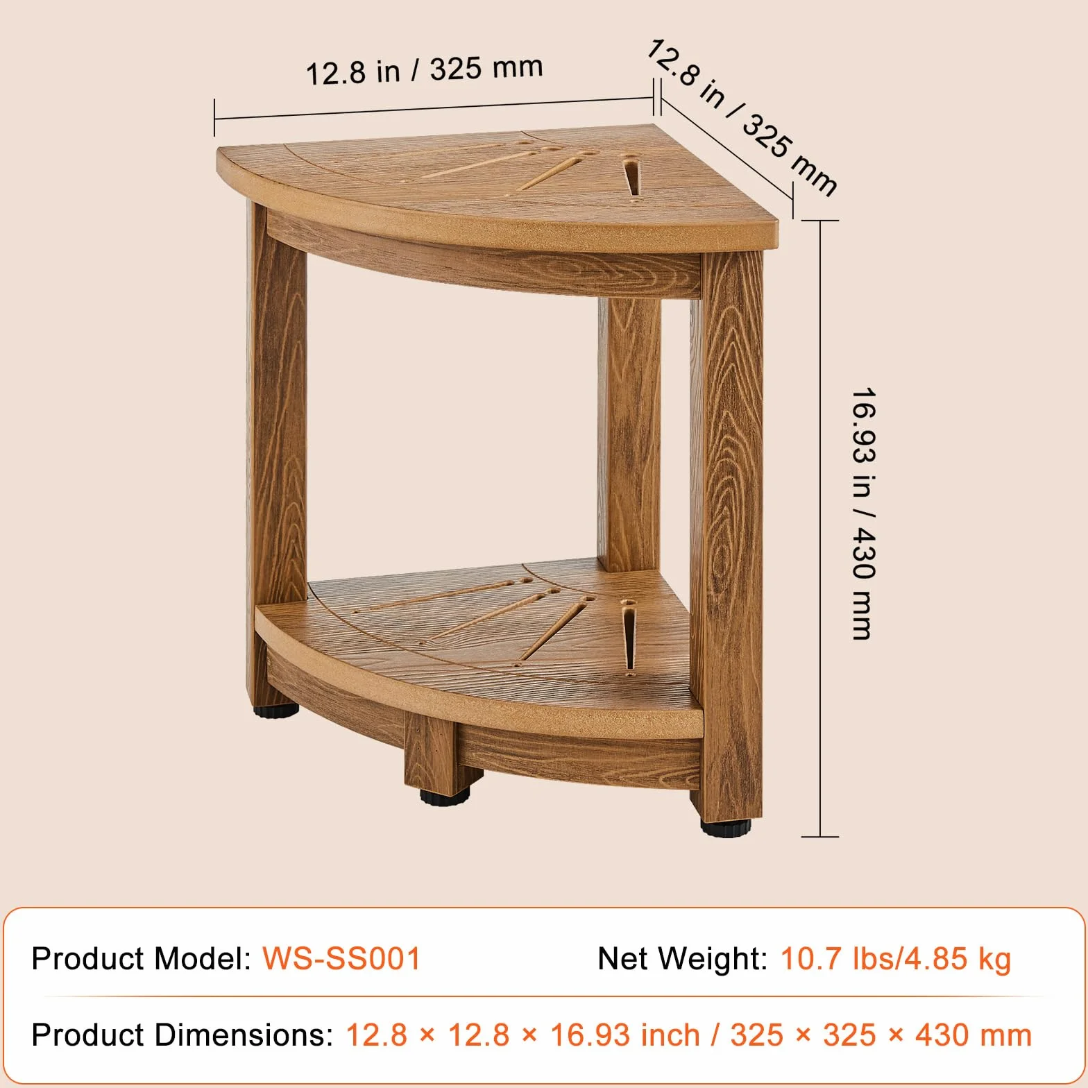 VEVOR Banc de Douche d'angle, Hauteur 430 mm, Rayon 325 mm, Tabouret de Salle de Bain, Faux Bois en polystyrène, chargé de 158 kg avec étagère de Rangement, résistant à l'eau, intérieur et extérieur