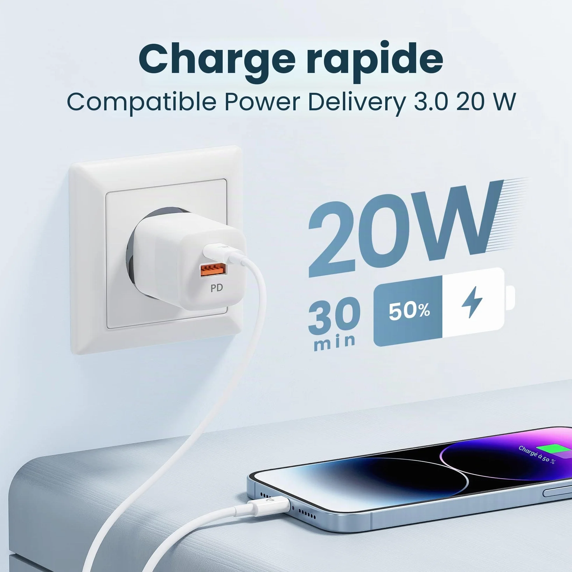 RAMPOW Câble iPhone 1M MFi Certifié C94 USB C vers Lightning Charge Rapide Power Delivery 3.0 Blanc