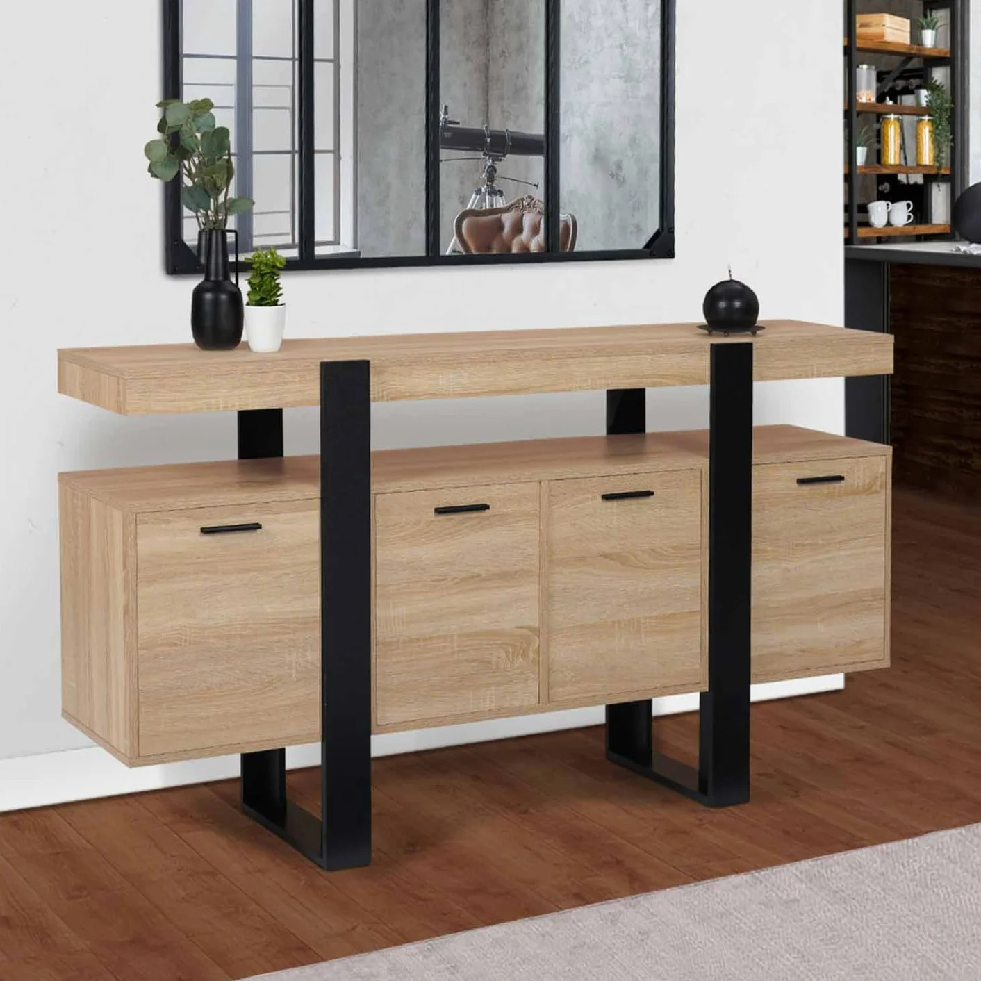 IDMarket - Buffet 160 cm Phoenix XXL 4 Portes Bois et Noir