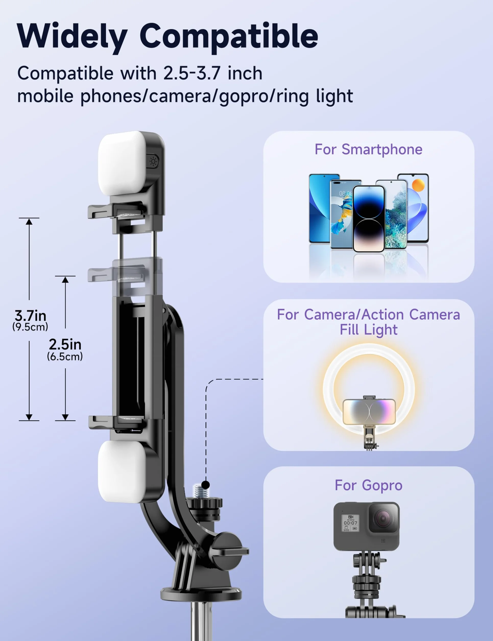 135CM Selfie Stick z 2 lampkami wypełniającymi, uniwersalny statyw do telefonu komórkowego z odłączanym pilotem zdalnego sterowania, przenośny statyw do telefonu komórkowego, stabilny uchwyt do selfie