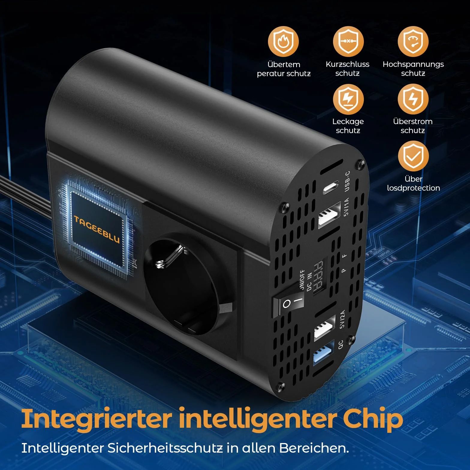 300w konwerter 12v 220v, przenośnik 12v 220v z 1 gniazdem, typ C 30W, szybkie ładowanie USB 25W, 3 porty USB, wyświetlacz LED